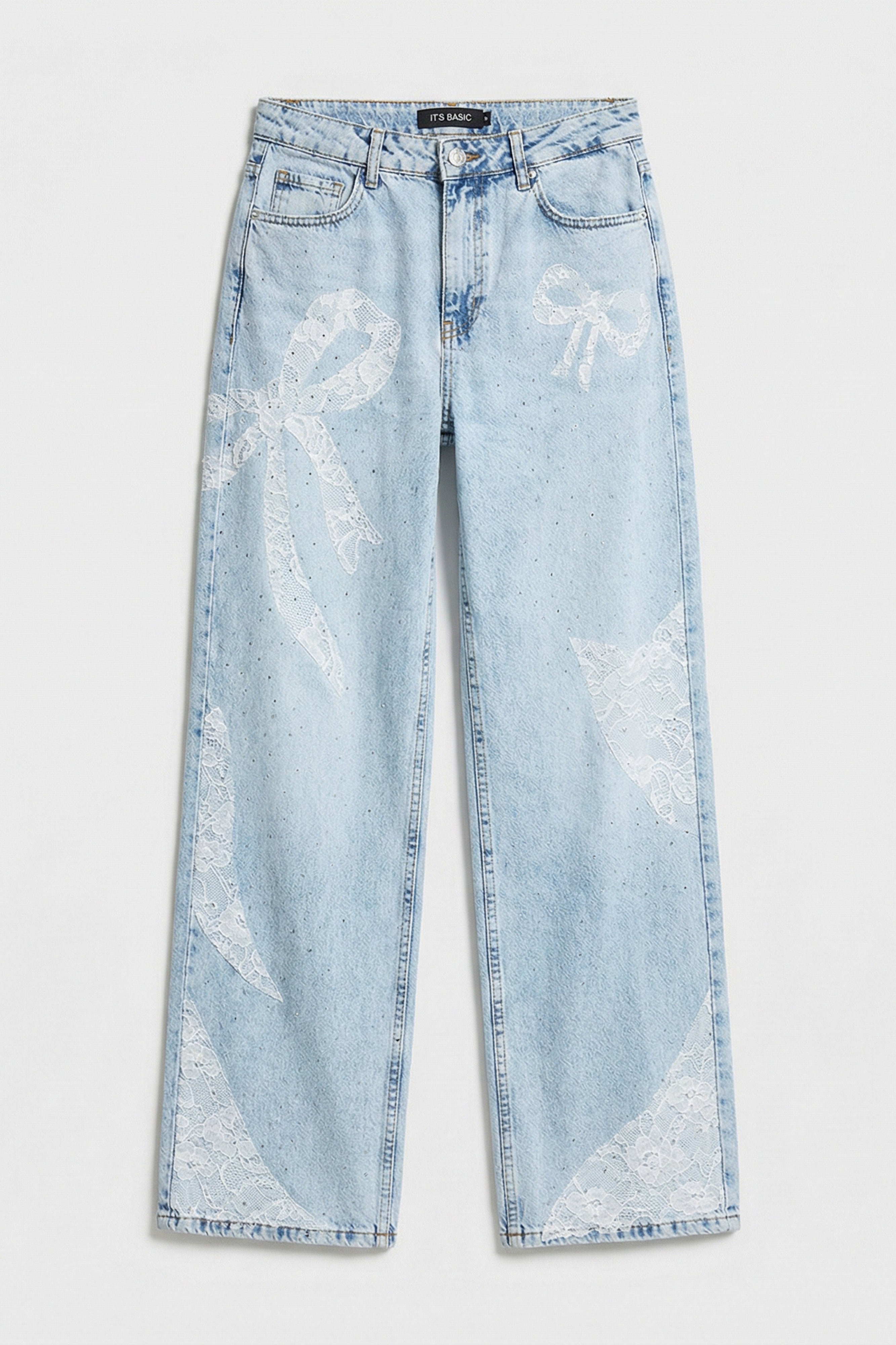 Kadın Ice T-4s6-3 Straight Fit Taş ve Dantel Detaylı Özel Tasarım Denim Jean