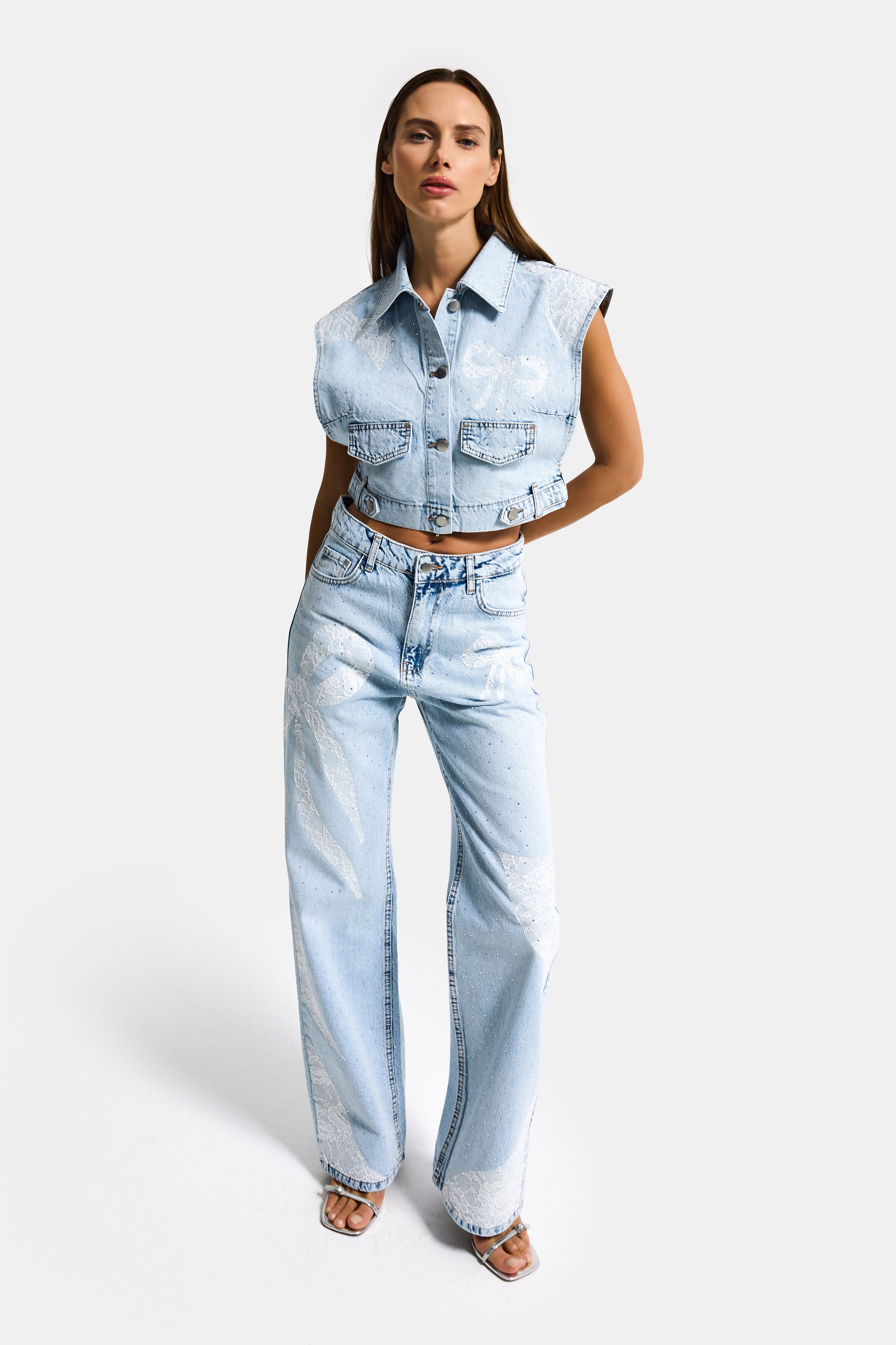 Kadın Ice T-4s6-3 Straight Fit Taş ve Dantel Detaylı Özel Tasarım Denim Jean