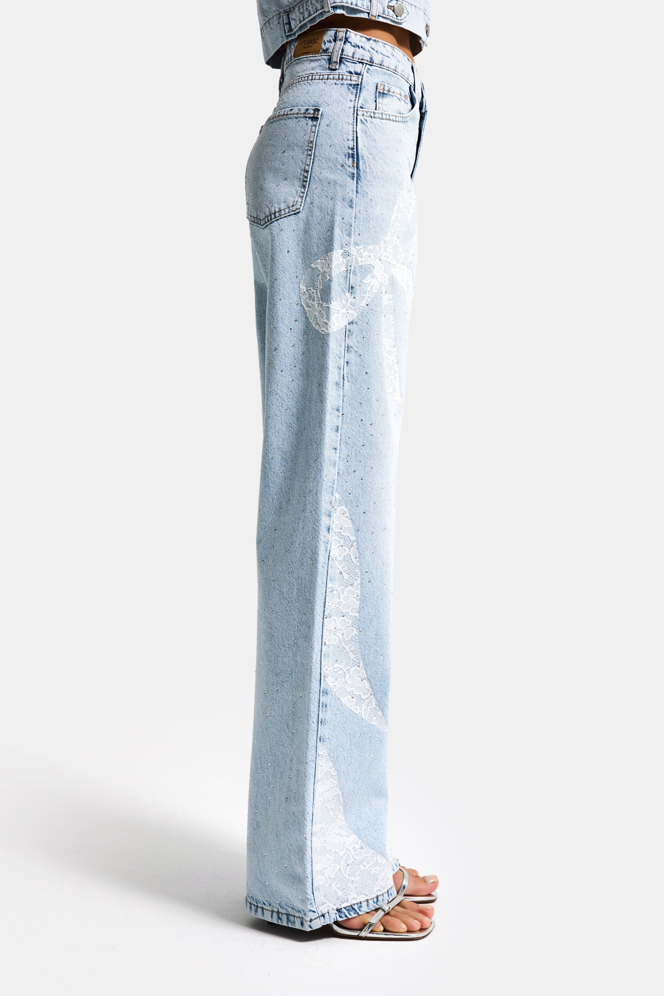 Kadın Ice T-4s6-3 Straight Fit Taş ve Dantel Detaylı Özel Tasarım Denim Jean