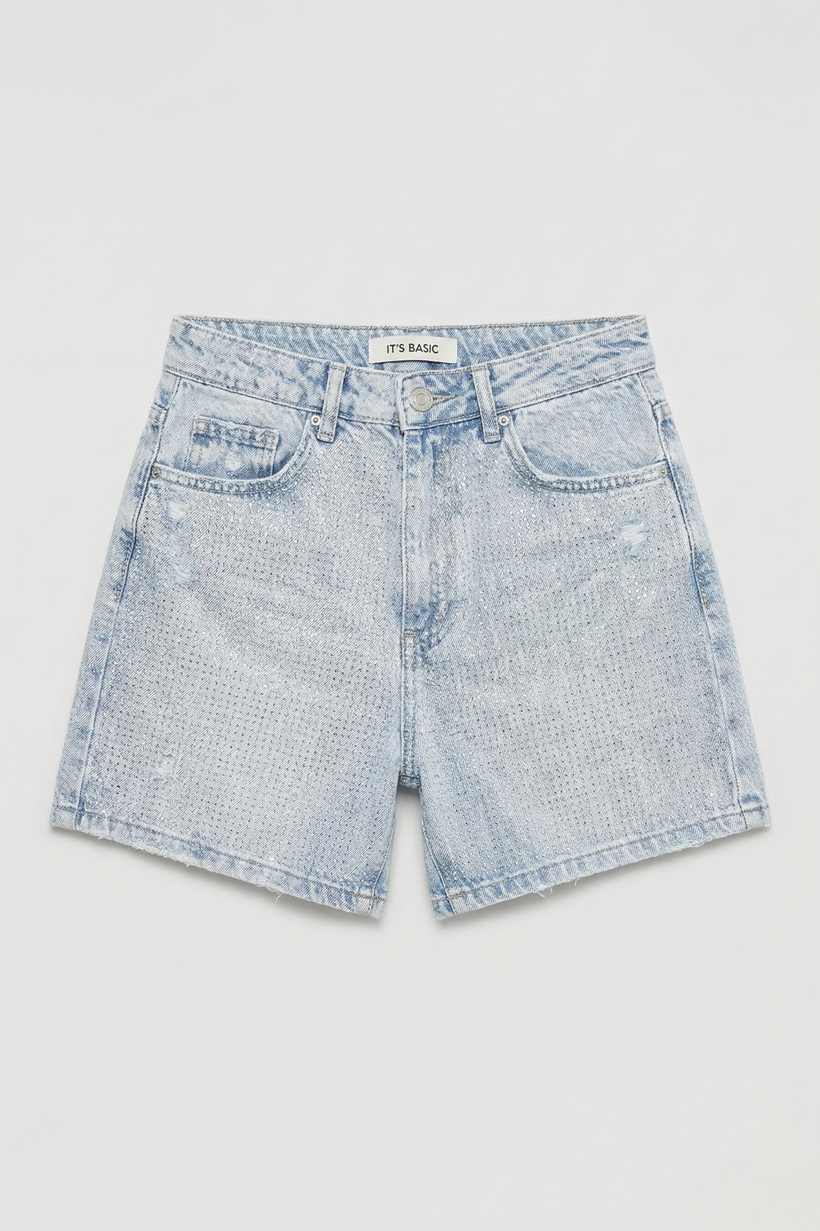 Kadın Ice T1-4s6-3 Mom Fit Parlak Taşlı Yıldız Baskılı Özel Tasarım Denim Şort