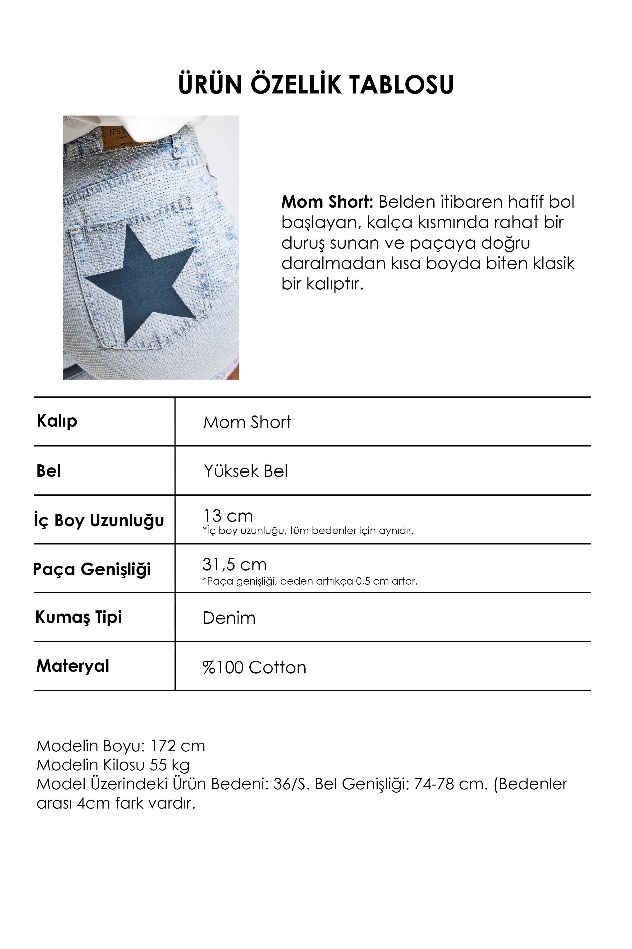 Kadın Ice T1-4s6-3 Mom Fit Parlak Taşlı Yıldız Baskılı Özel Tasarım Denim Şort