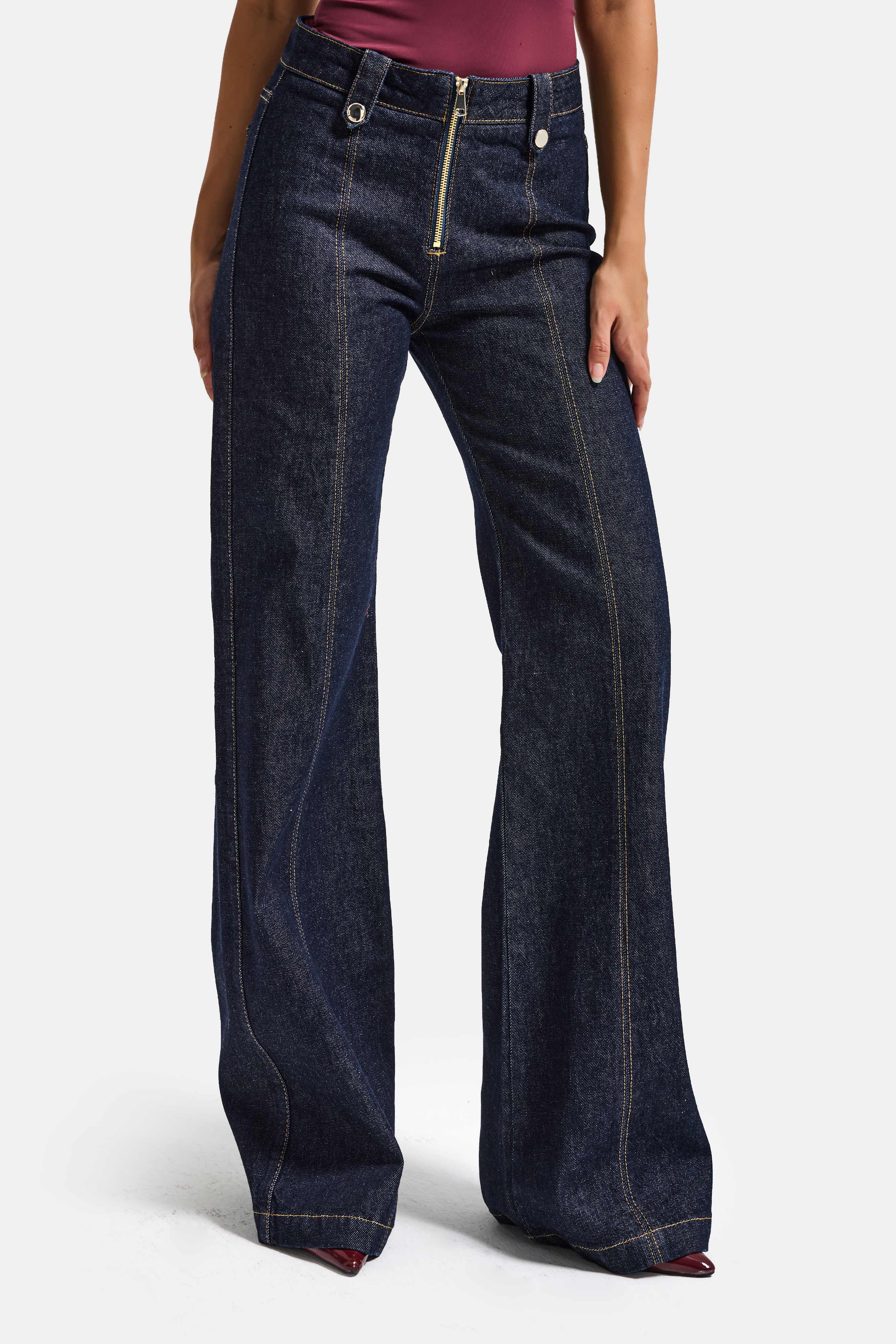 Kadın İndigo 7s6-50 Flare Fit Fermuar Kemer Detaylı Elastan Kumaş Denim Jean