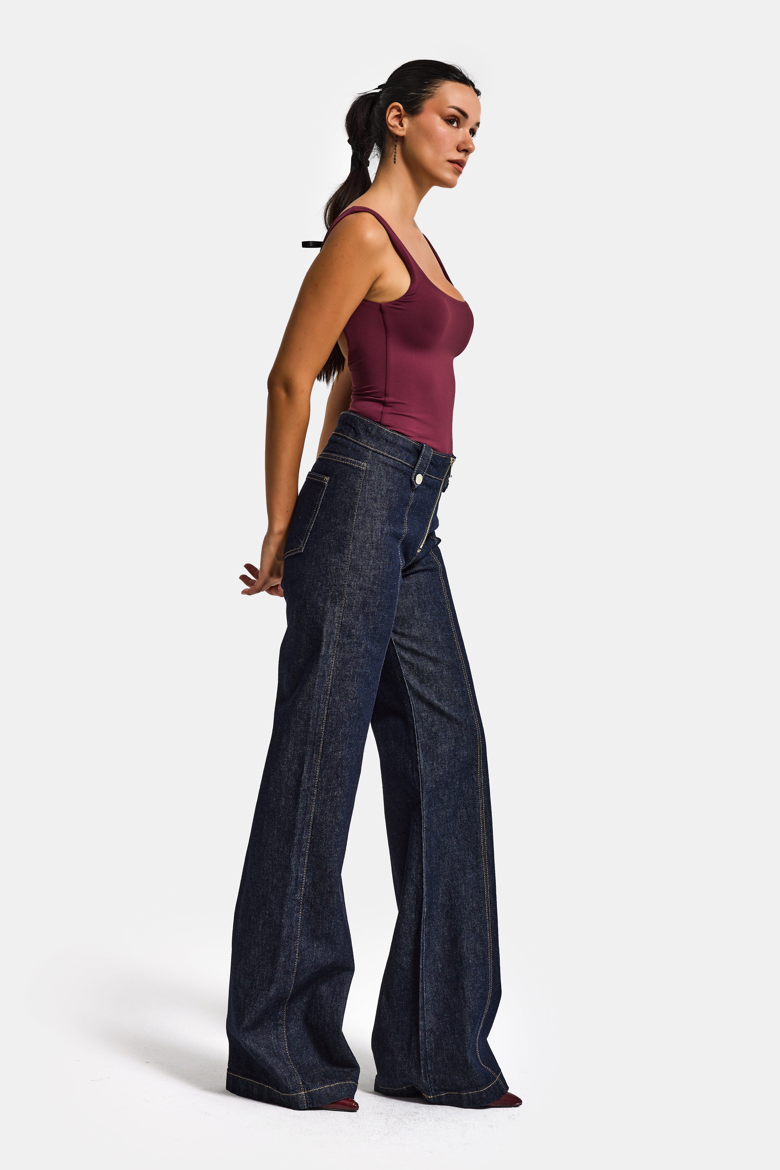 Kadın İndigo 7s6-50 Flare Fit Fermuar Kemer Detaylı Elastan Kumaş Denim Jean