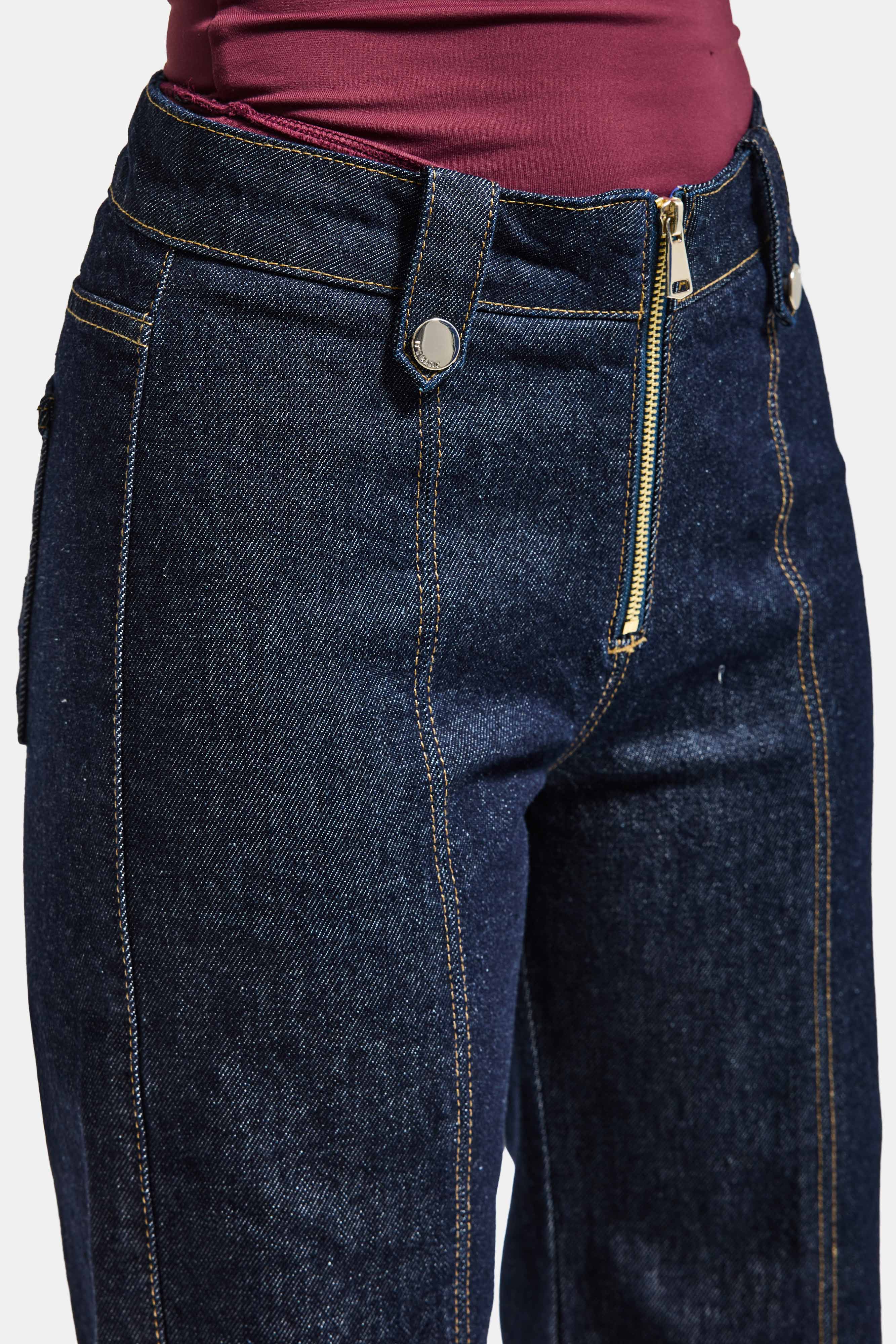 Kadın İndigo 7s6-50 Flare Fit Fermuar Kemer Detaylı Elastan Kumaş Denim Jean