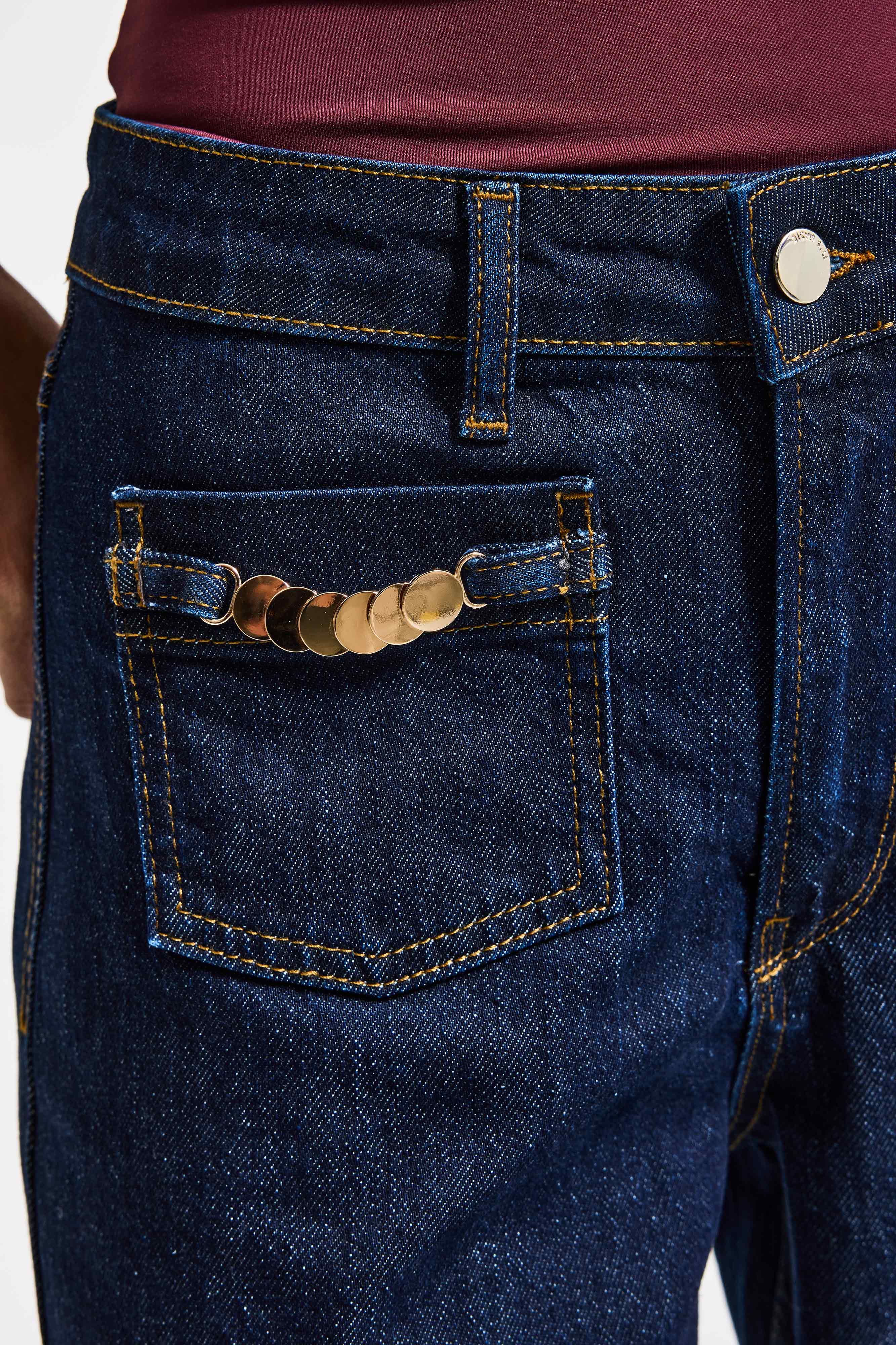 Kadın İndigo 7s6-50 Midrise Wide Leg Fit Viskon Kumaş Aksesuar Detaylı Denim Jean