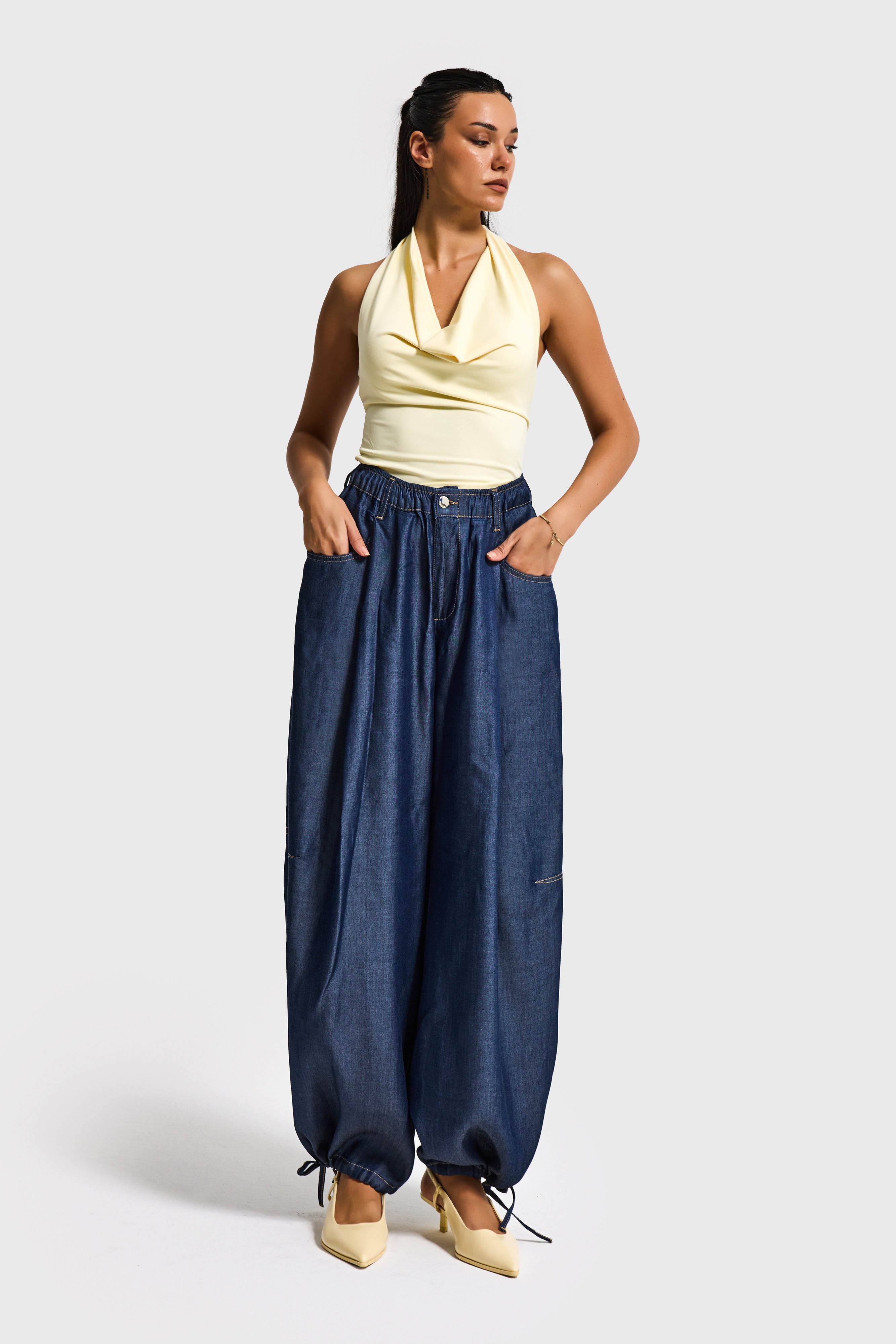 Kadın İndigo 7s6-50 Süper Ballon Fit Bol Kesim Paça Detaylı Tasarım Denim Jean