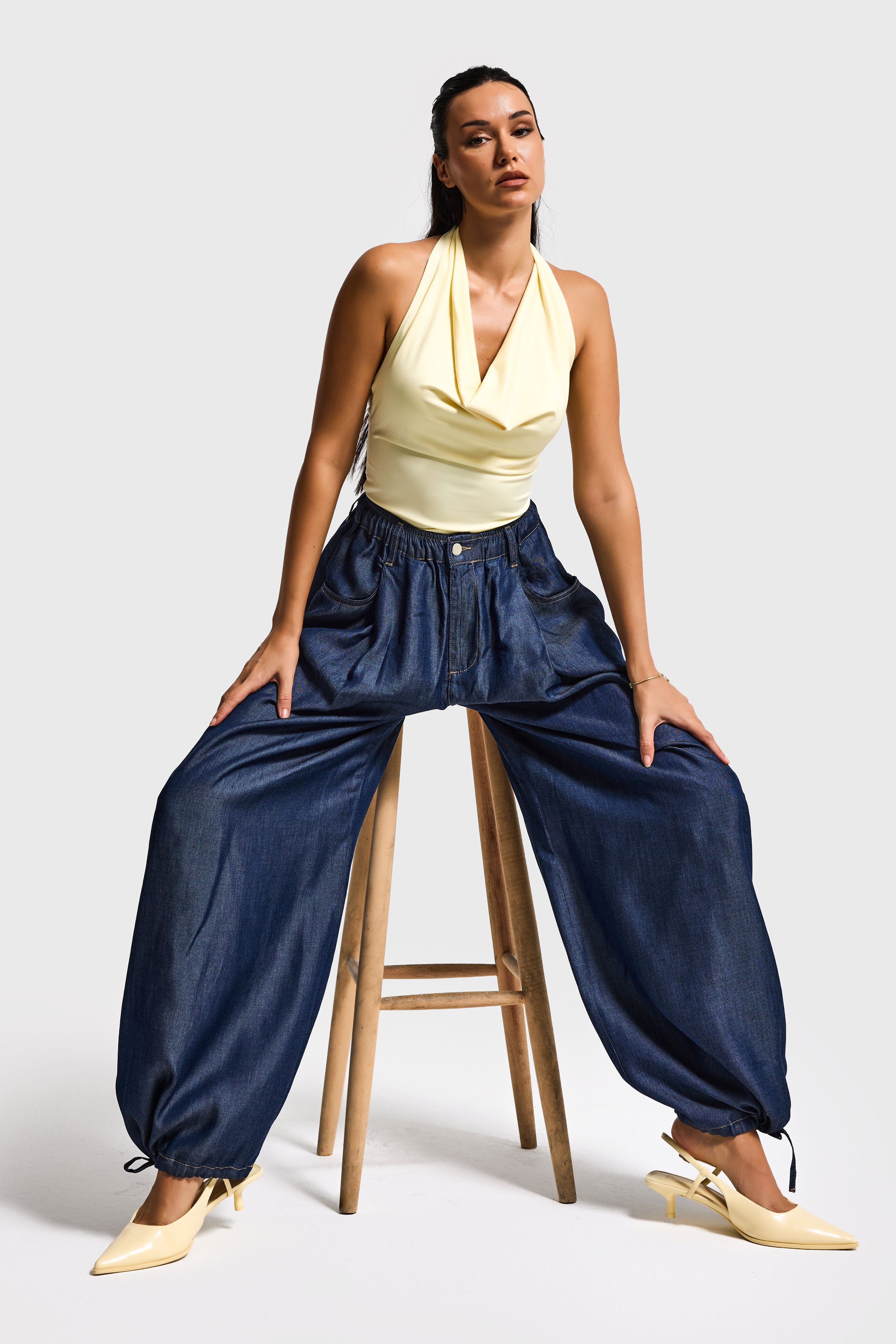 Kadın İndigo 7s6-50 Süper Ballon Fit Bol Kesim Paça Detaylı Tasarım Denim Jean