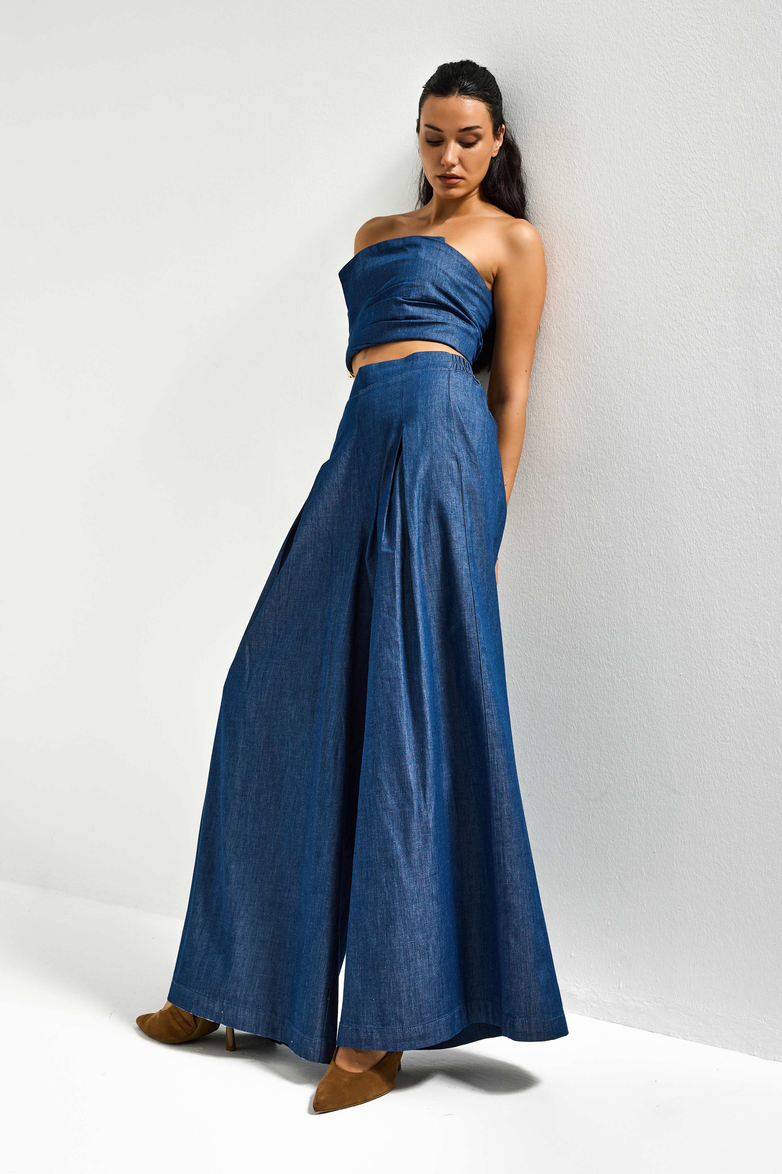 Kadın İndigo 7s6-50 Süper Palazzo Elastan Kumaş Denim Pantolon