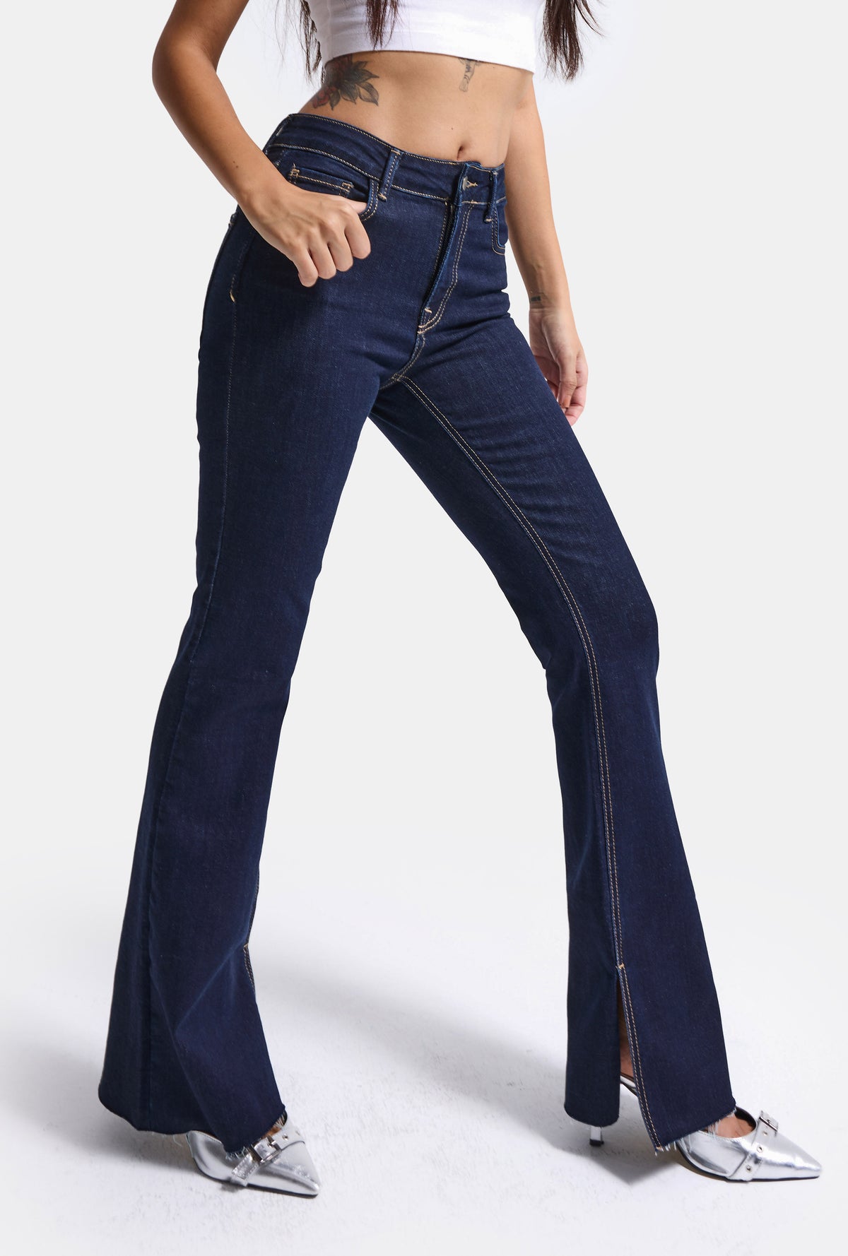 Kadın İndigo 7w6-50 Slim Flare Fit Yırtmaçlı Paça Denim Jean