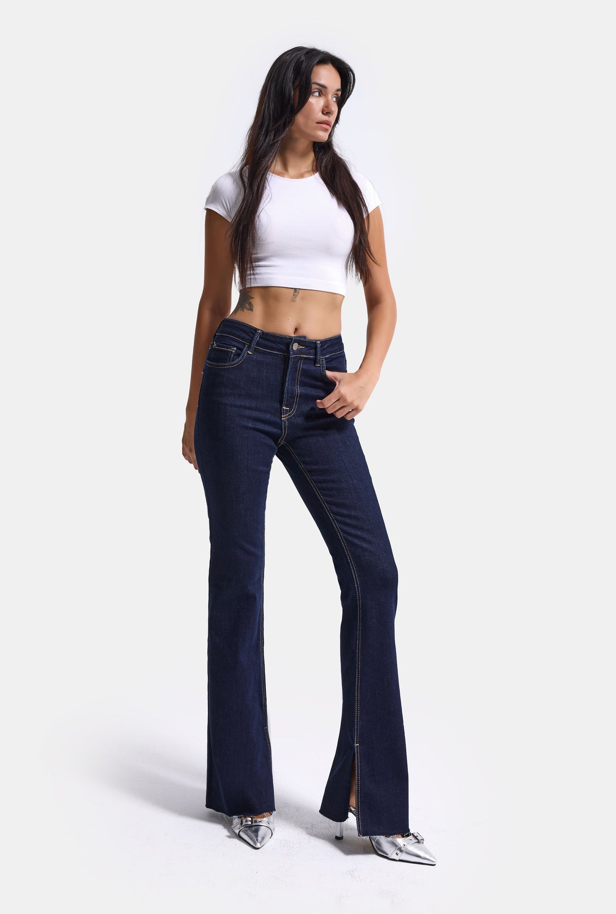 Kadın İndigo 7w6-50 Slim Flare Fit Yırtmaçlı Paça Denim Jean