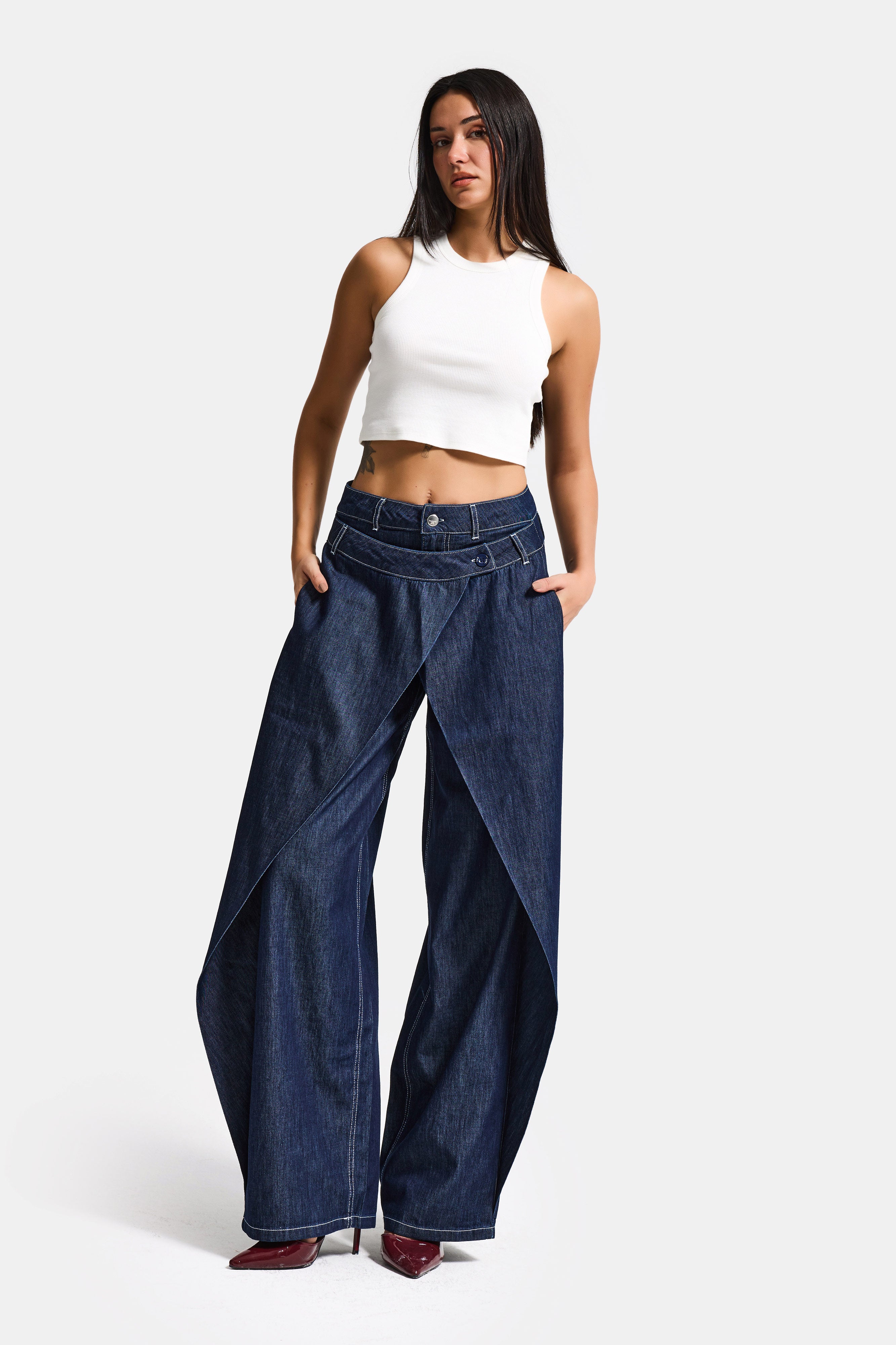 Kadın İndigo Bol Kesim Balon Fit Çift Pantolon Detaylı Özel Tasarım Denim Jean