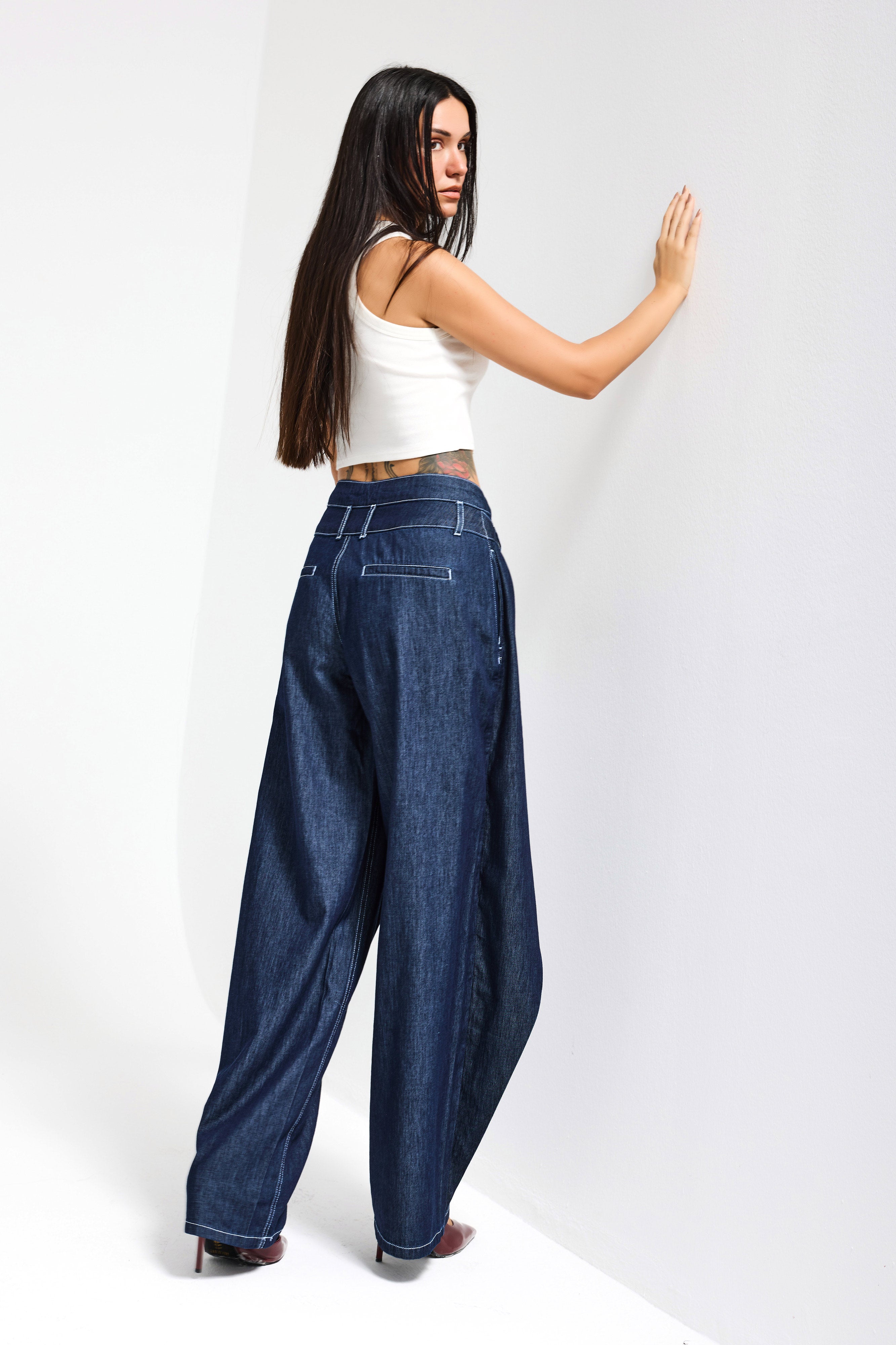 Kadın İndigo Bol Kesim Balon Fit Çift Pantolon Detaylı Özel Tasarım Denim Jean