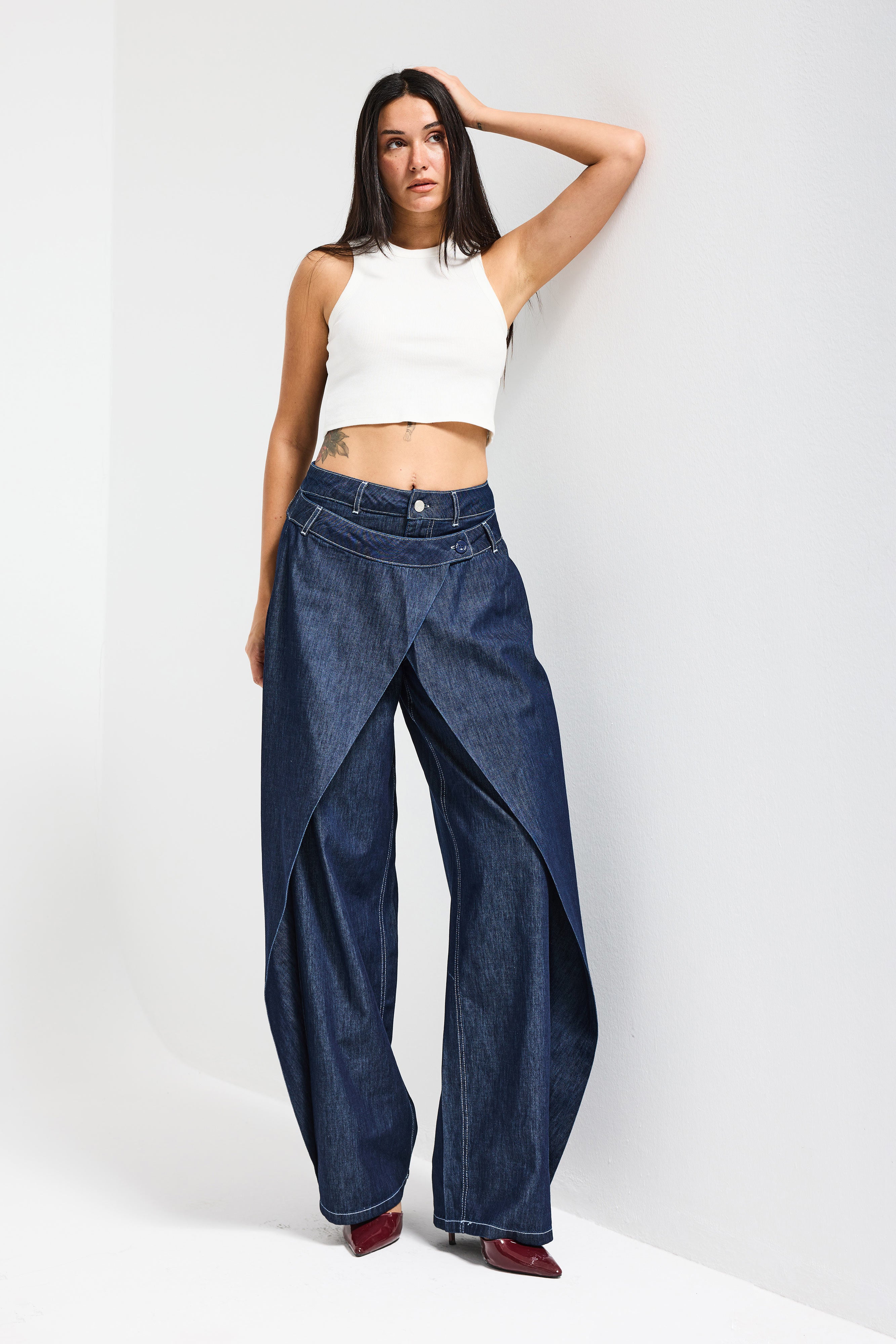 Kadın İndigo Bol Kesim Balon Fit Çift Pantolon Detaylı Özel Tasarım Denim Jean