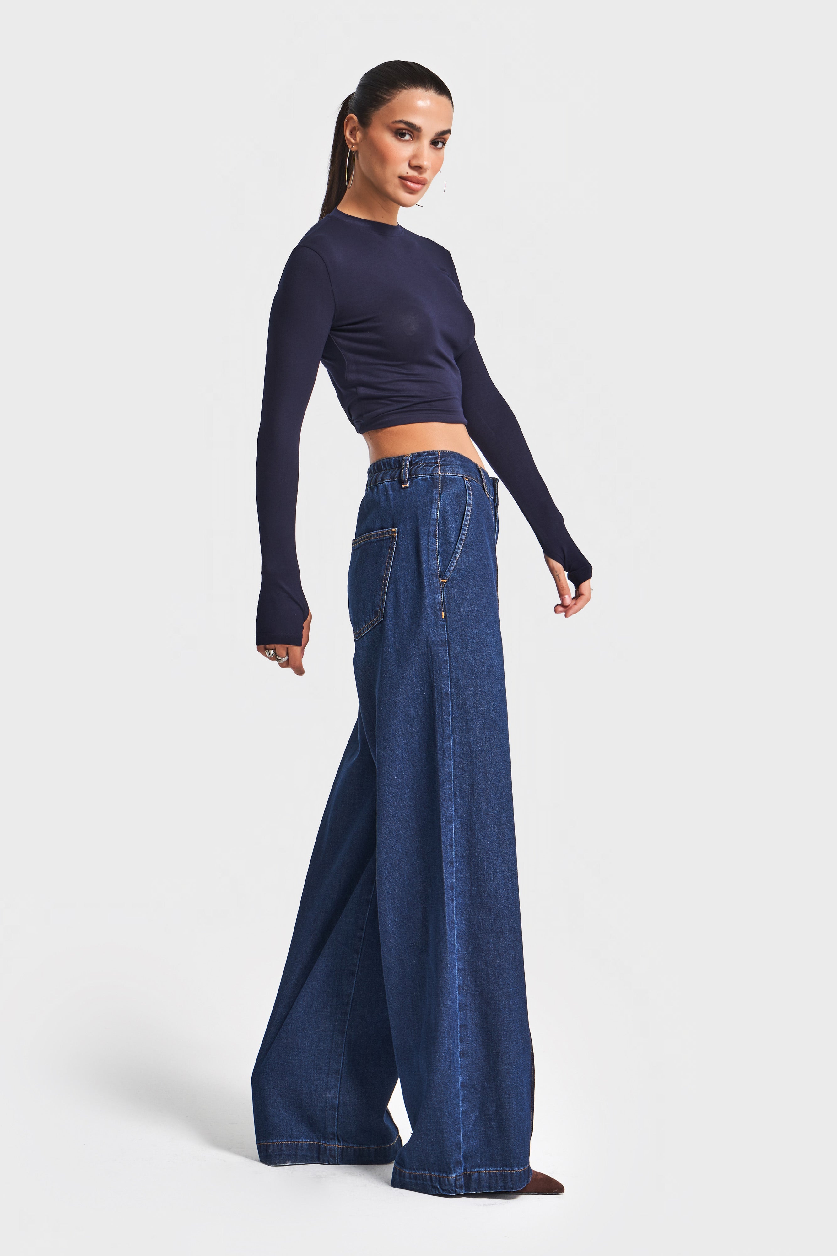 Kadın İndigo Renk 2w5-7 Süper Palazzo Fit Dökümlü Kumaş Denim Jean