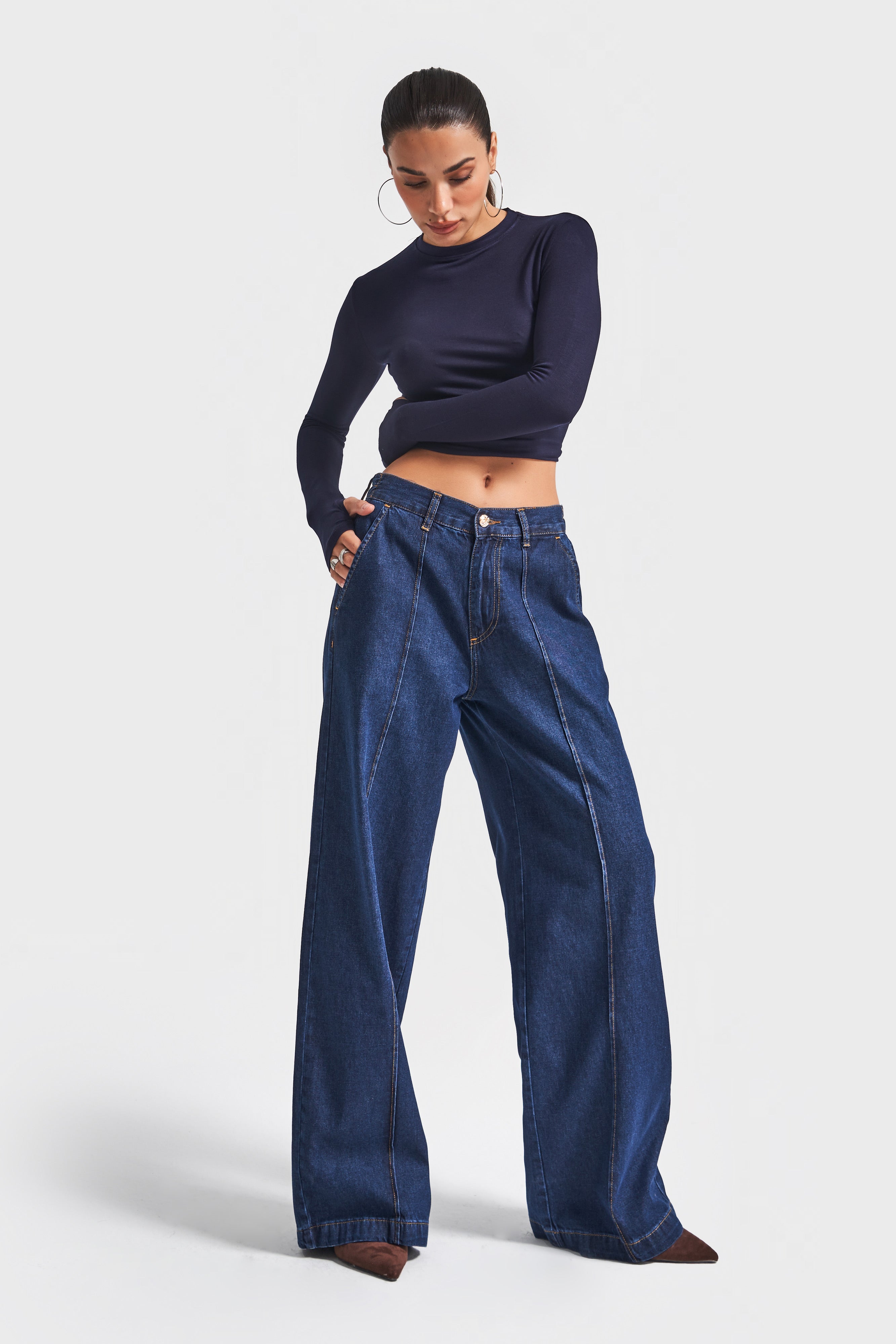 Kadın İndigo Renk 2w5-7 Süper Palazzo Fit Dökümlü Kumaş Denim Jean