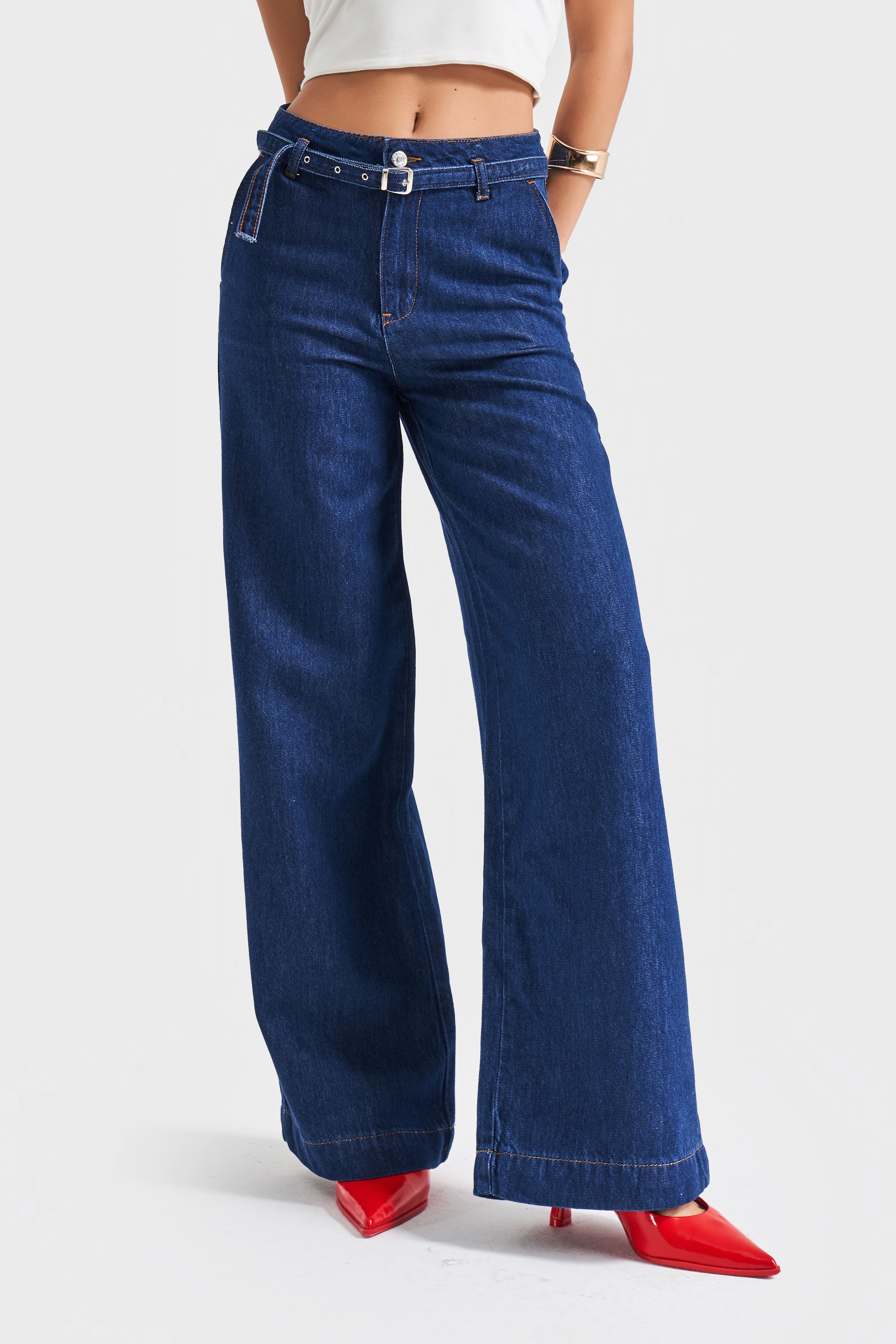 Kadın İndigo Renk 7s5-50/1 Wide Leg Fit Kemer Detaylı Viscon Kumaş %100 Koton Denim Jean