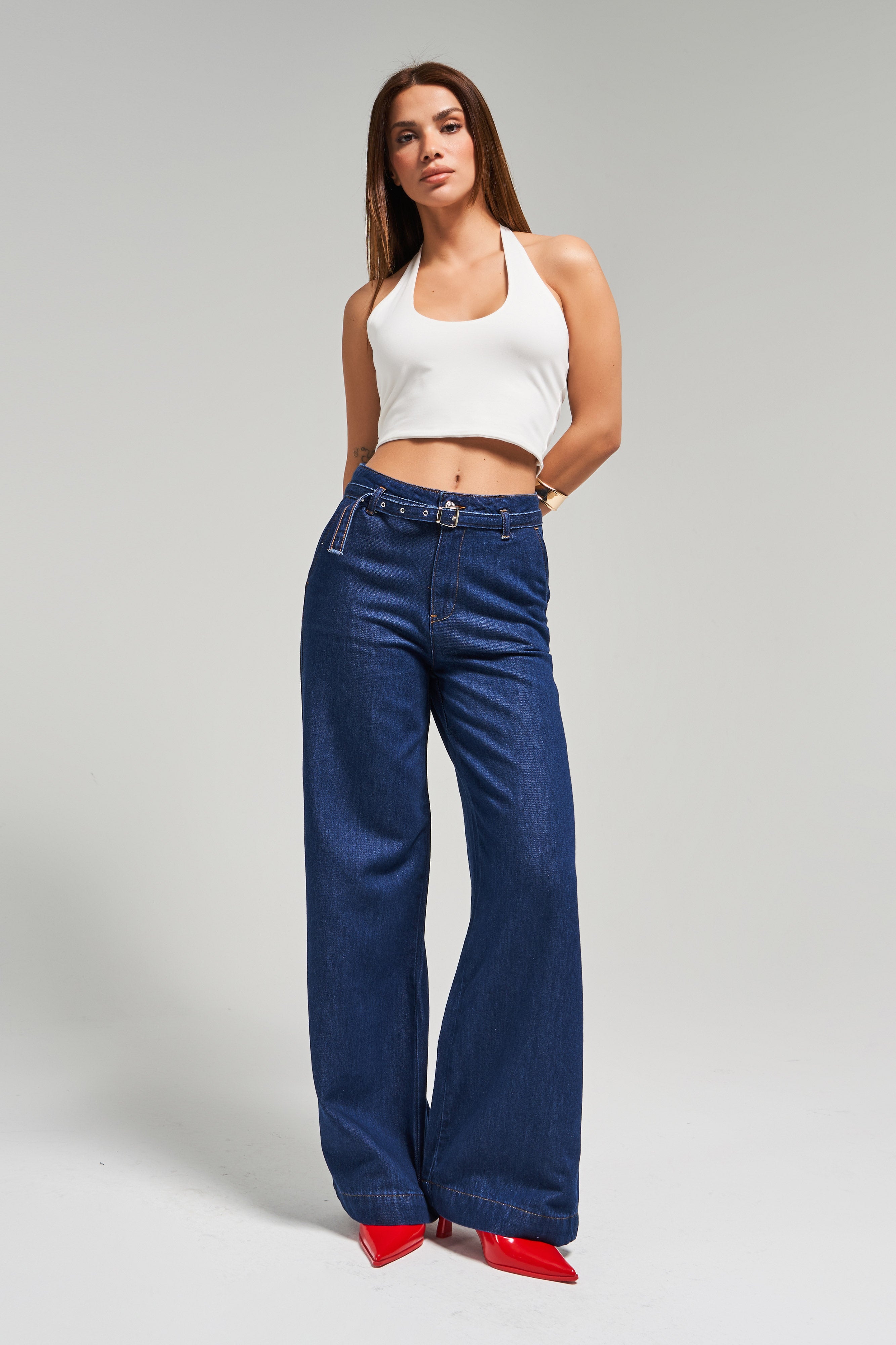 Kadın İndigo Renk 7s5-50/1 Wide Leg Fit Kemer Detaylı Viscon Kumaş %100 Koton Denim Jean