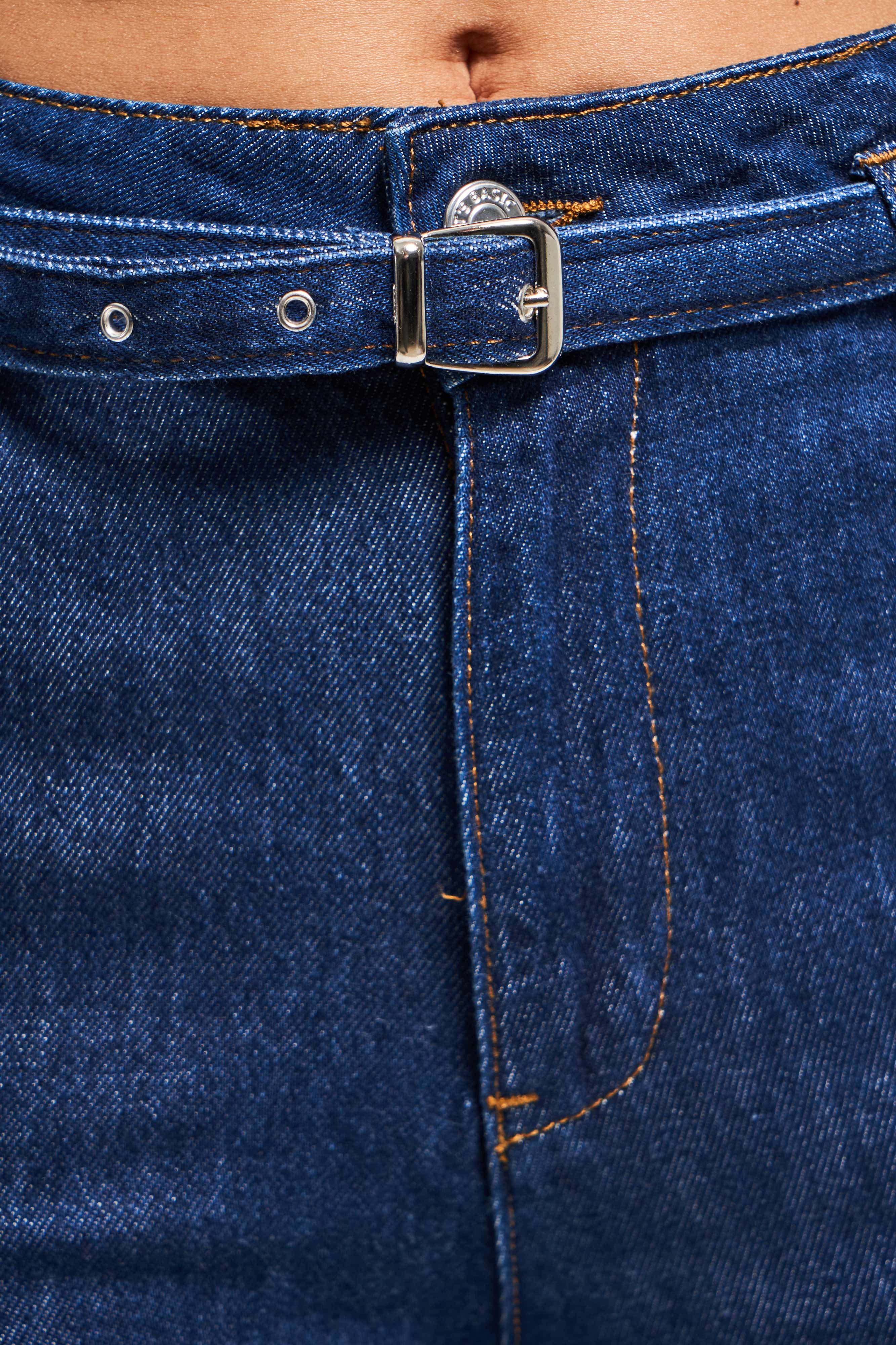 Kadın İndigo Renk 7s5-50/1 Wide Leg Fit Kemer Detaylı Viscon Kumaş %100 Koton Denim Jean