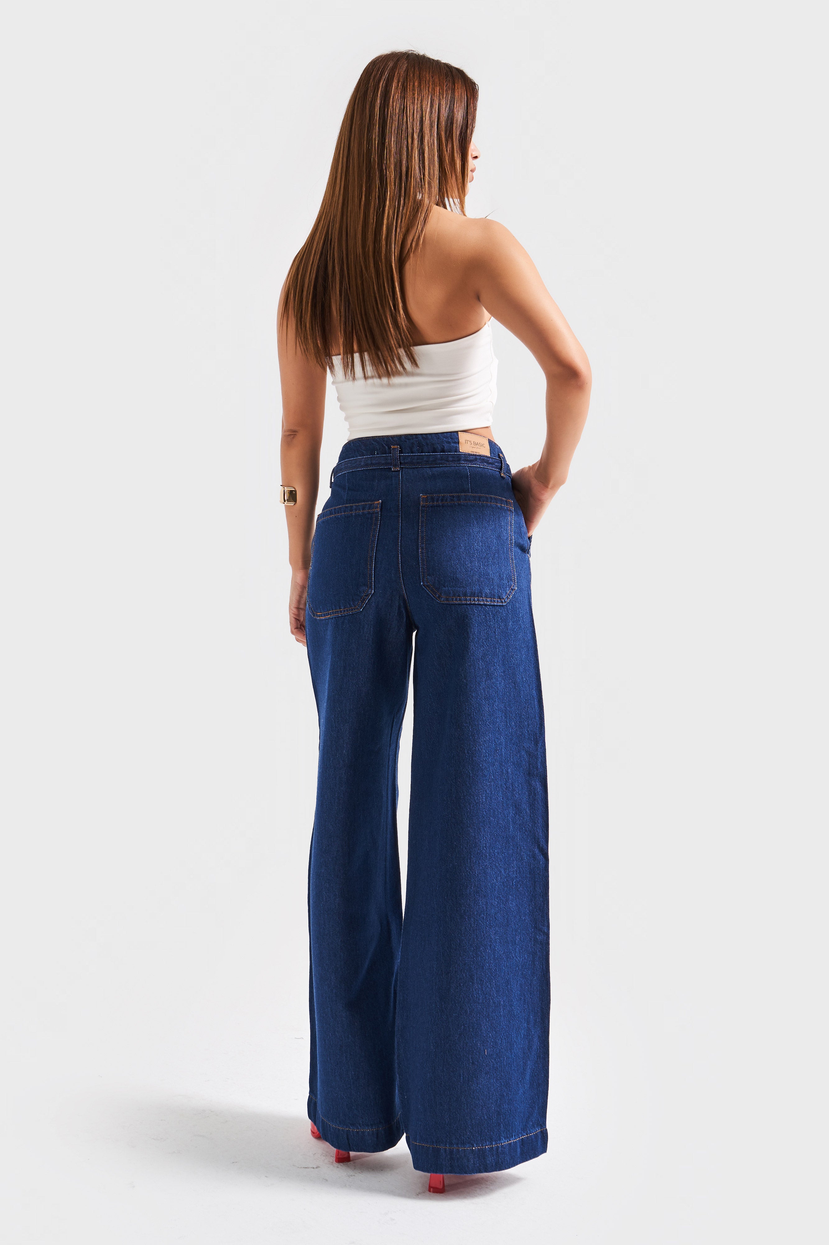 Kadın İndigo Renk 7s5-50/1 Wide Leg Fit Kemer Detaylı Viscon Kumaş %100 Koton Denim Jean