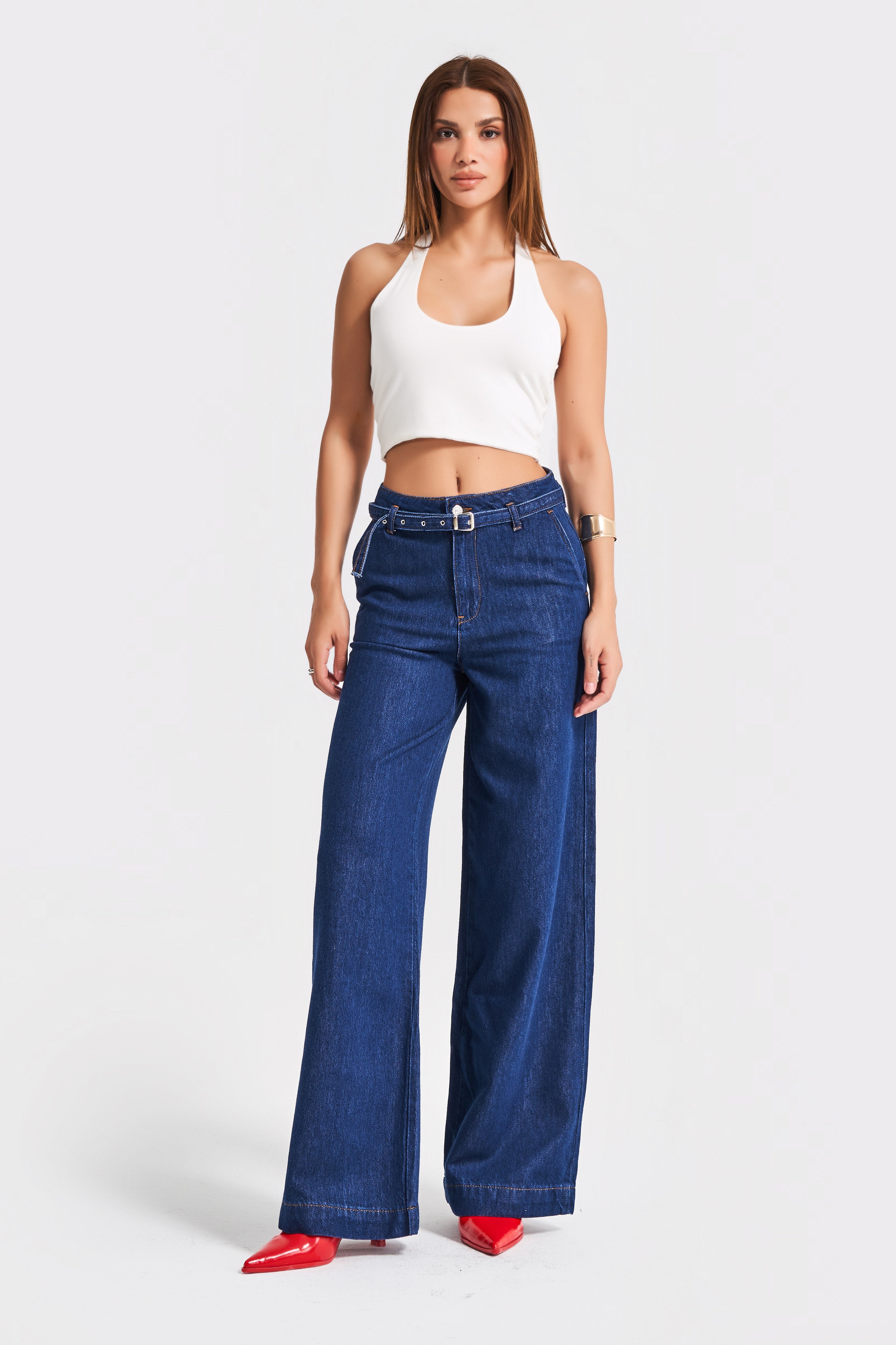 Kadın İndigo Renk 7s5-50/1 Wide Leg Fit Kemer Detaylı Viscon Kumaş %100 Koton Denim Jean