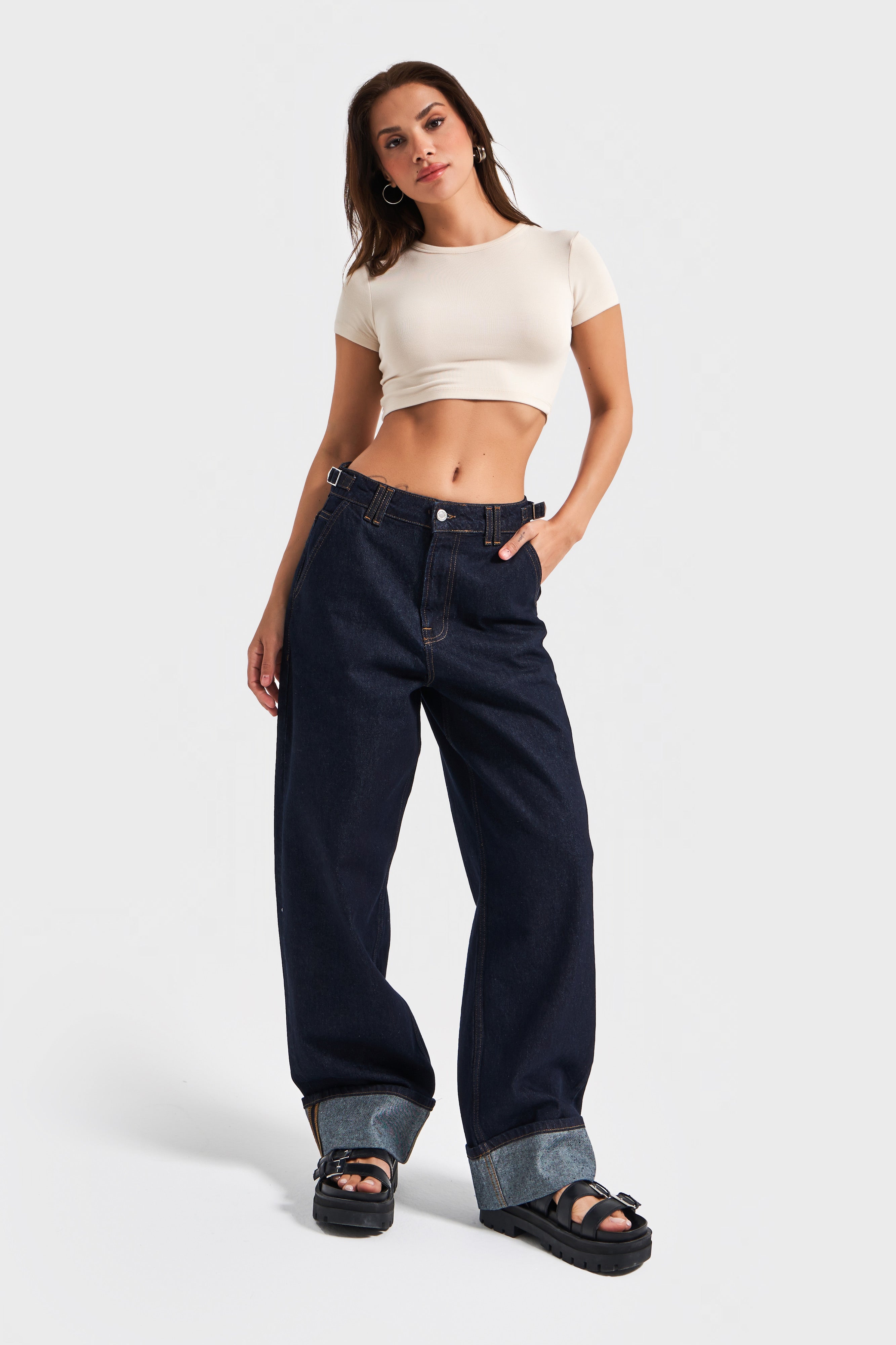 Kadın İndigo Renk 7s5-50 Baggy Loose Fit Bol Kesim Paça Detaylı %100 Koton Denim Jean