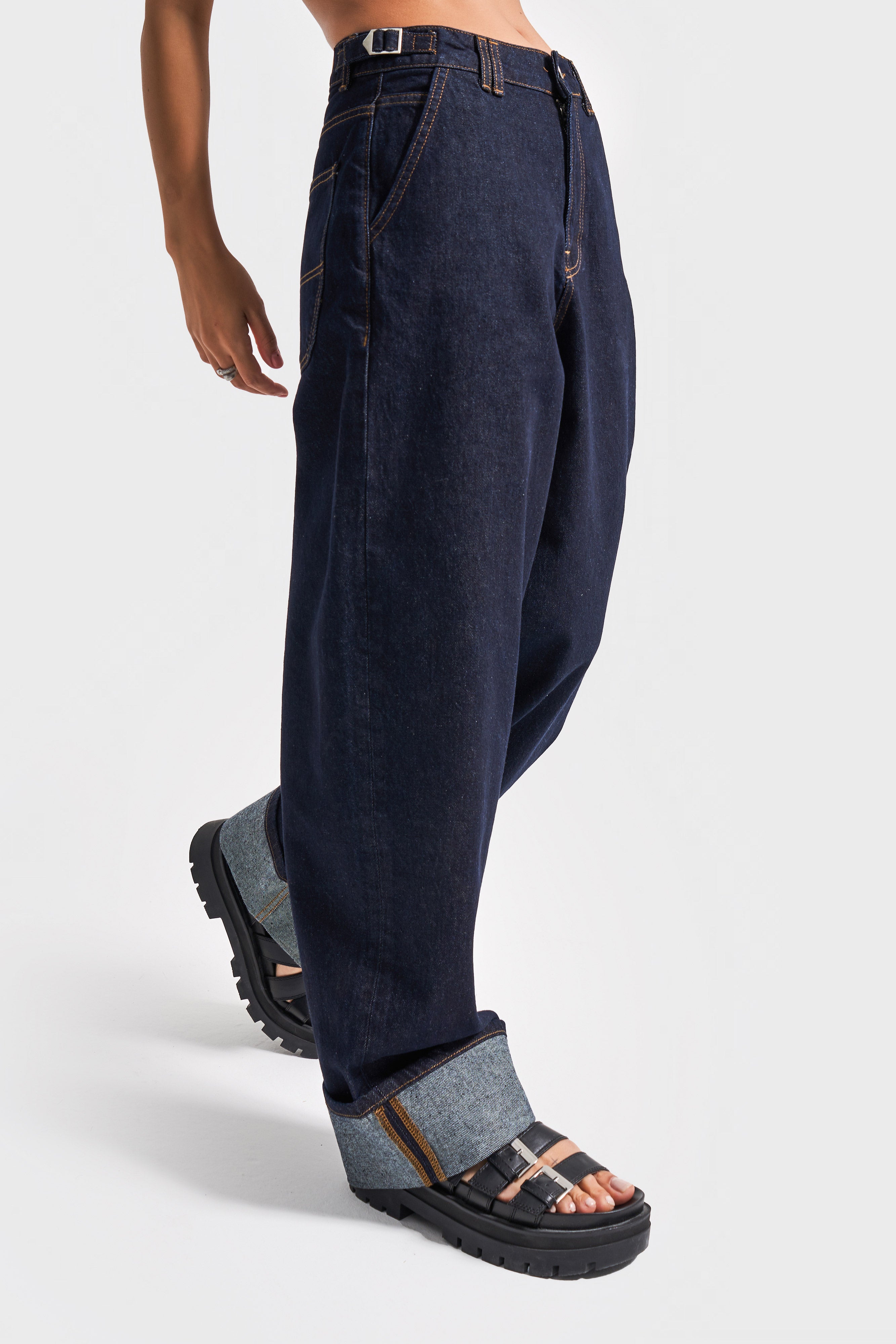 Kadın İndigo Renk 7s5-50 Baggy Loose Fit Bol Kesim Paça Detaylı %100 Koton Denim Jean