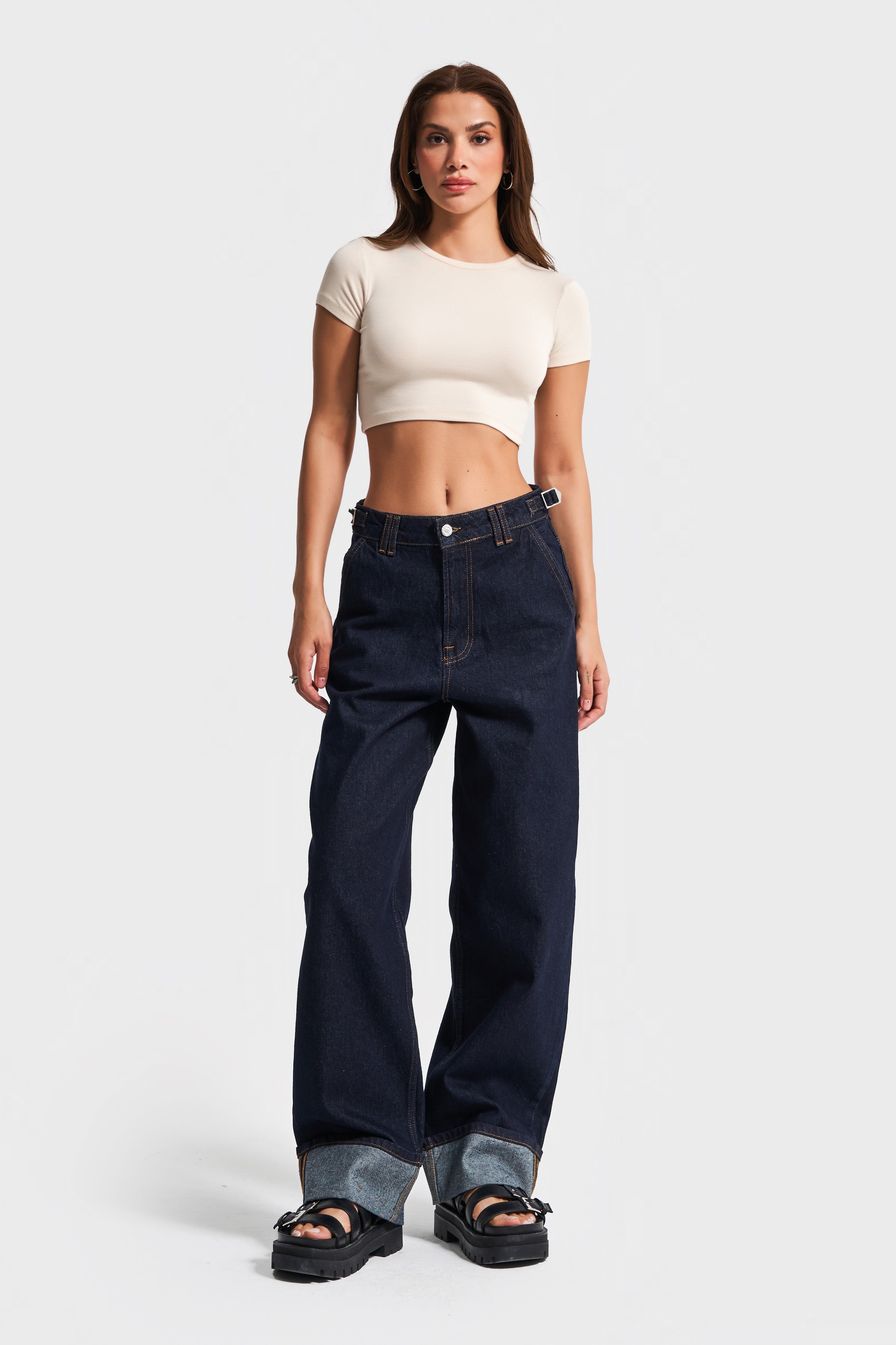 Kadın İndigo Renk 7s5-50 Baggy Loose Fit Bol Kesim Paça Detaylı %100 Koton Denim Jean