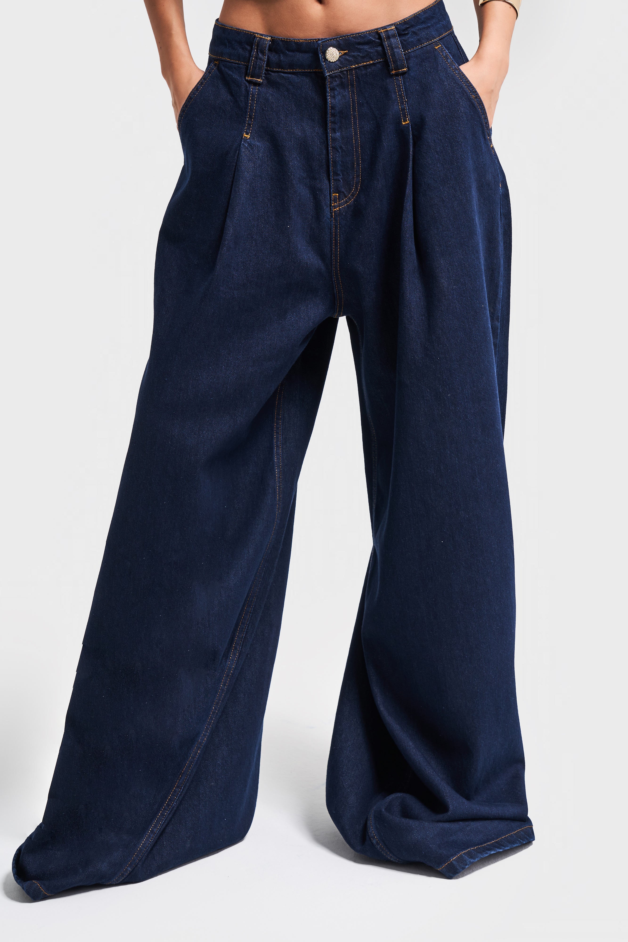 Kadın İndigo Renk 7s5-50 Palazzo Fit Süper Bol Kesim Pileli %100 Koton Denim Jean