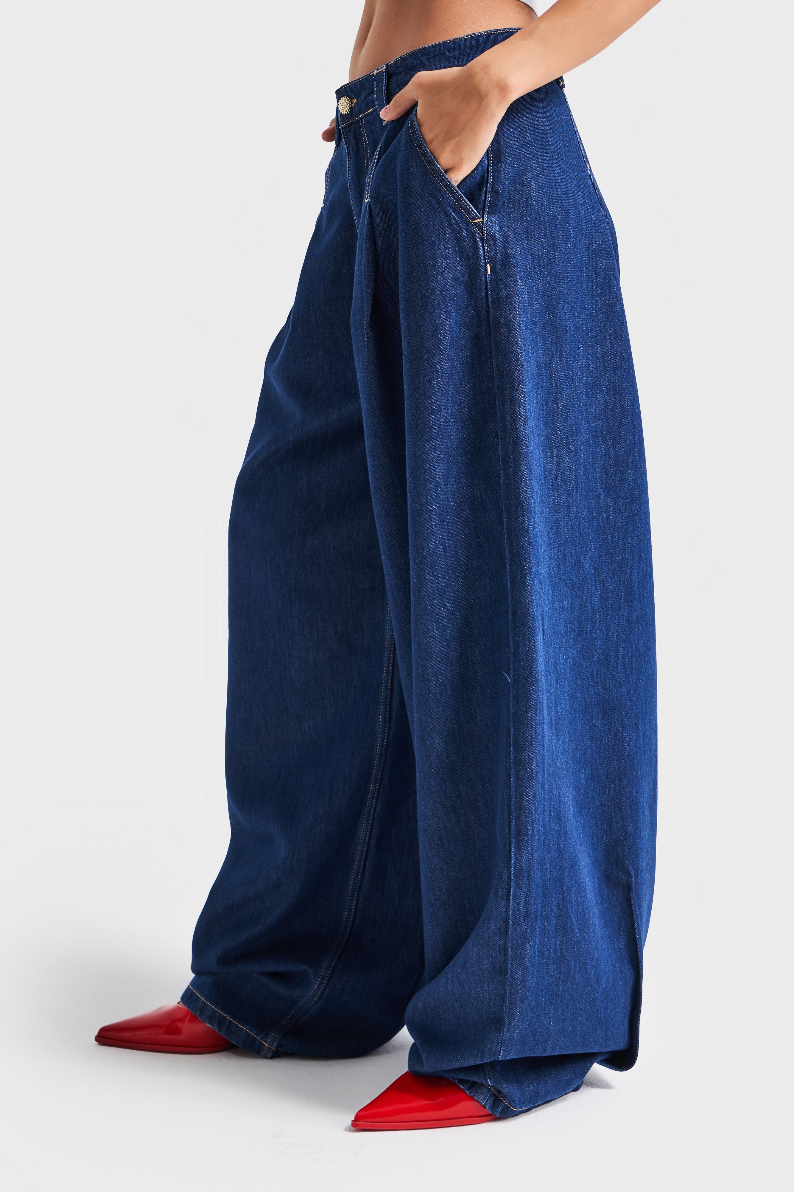 Kadın İndigo Renk 7s5-50 Palazzo Fit Süper Bol Kesim Pileli %100 Koton Denim Jean