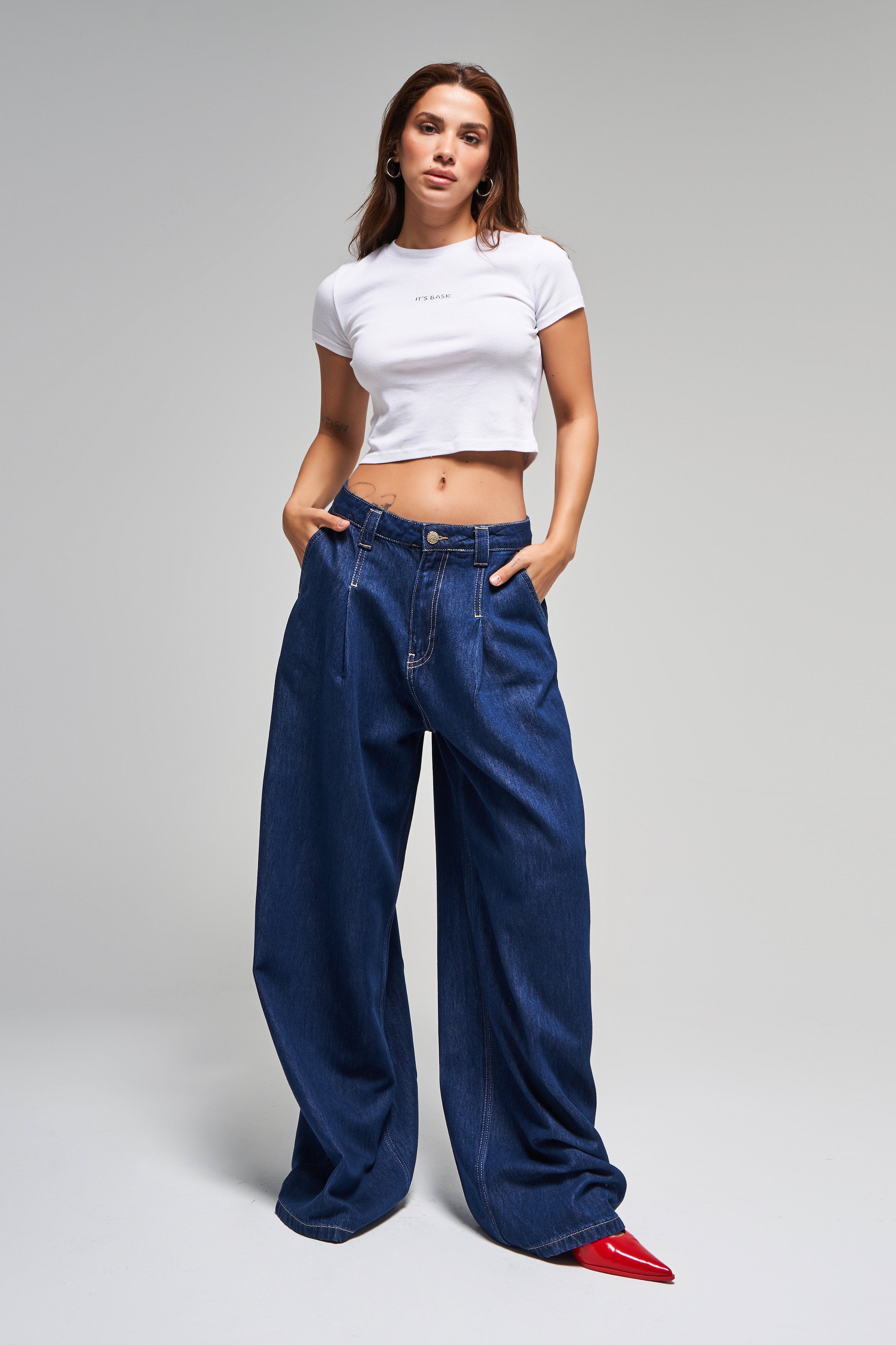 Kadın İndigo Renk 7s5-50 Palazzo Fit Süper Bol Kesim Pileli %100 Koton Denim Jean