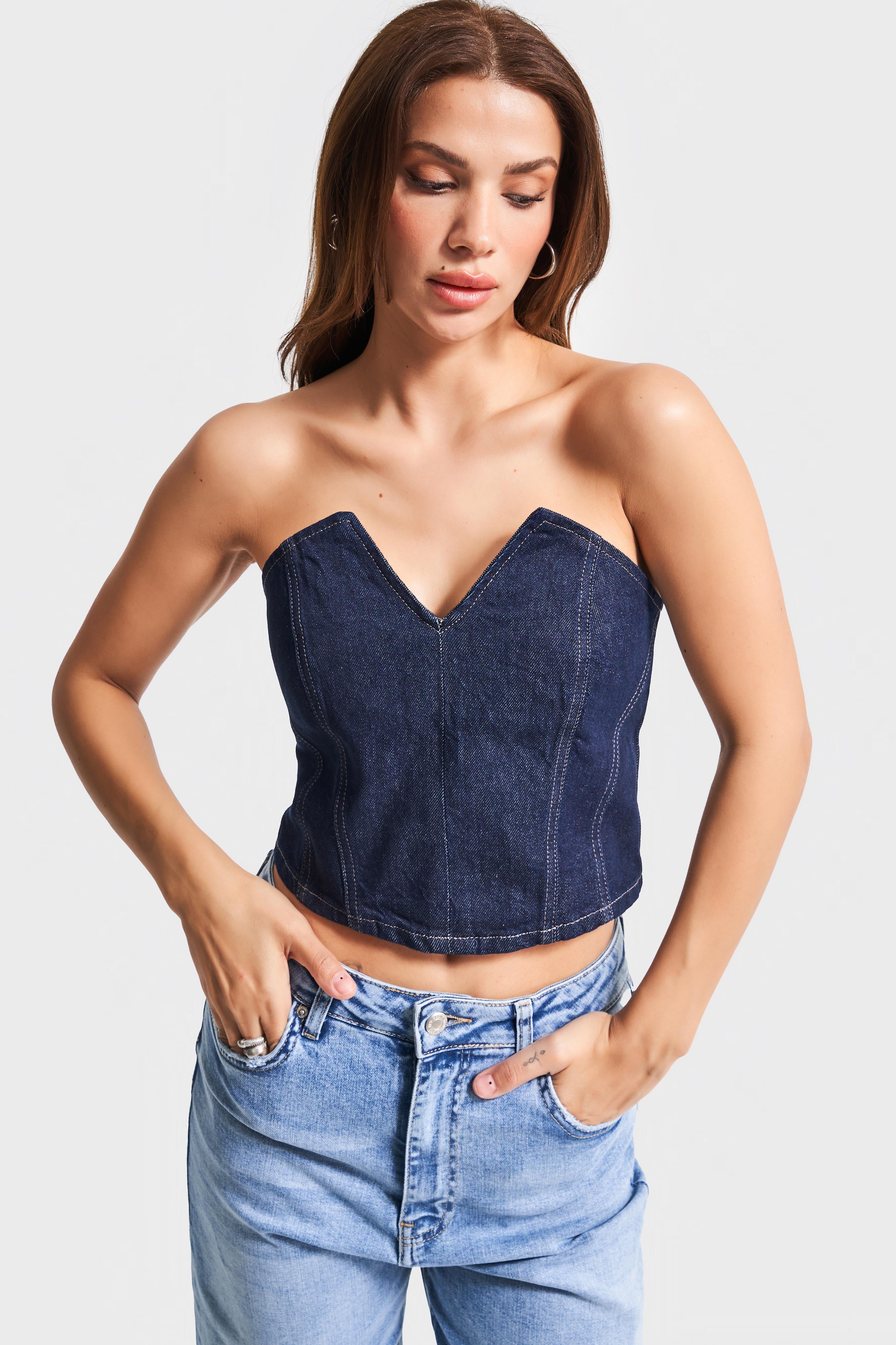 Kadın İndigo Renk 7s5-50 Straplez %100 Koton Denim Büstiyer