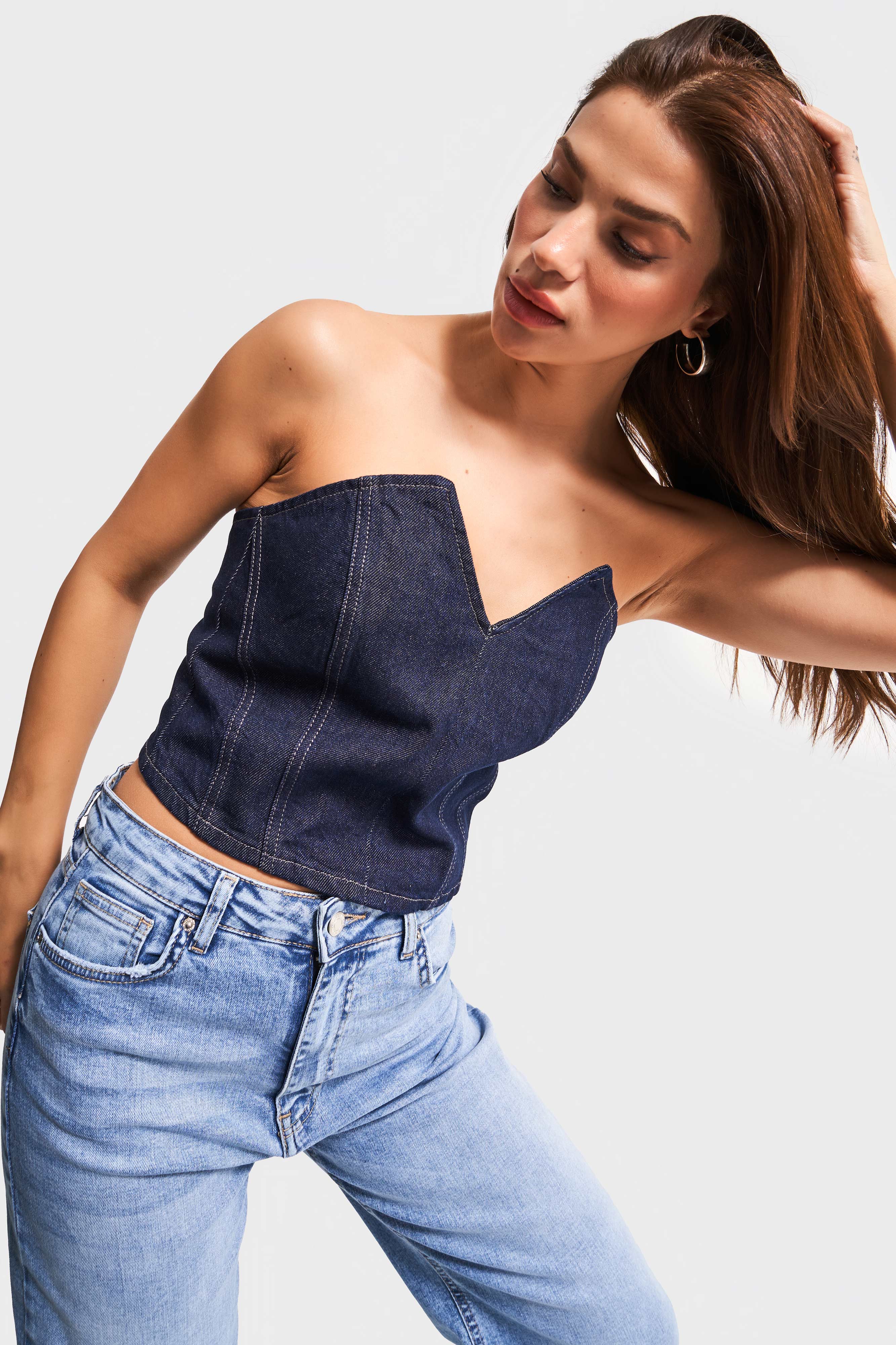 Kadın İndigo Renk 7s5-50 Straplez %100 Koton Denim Büstiyer