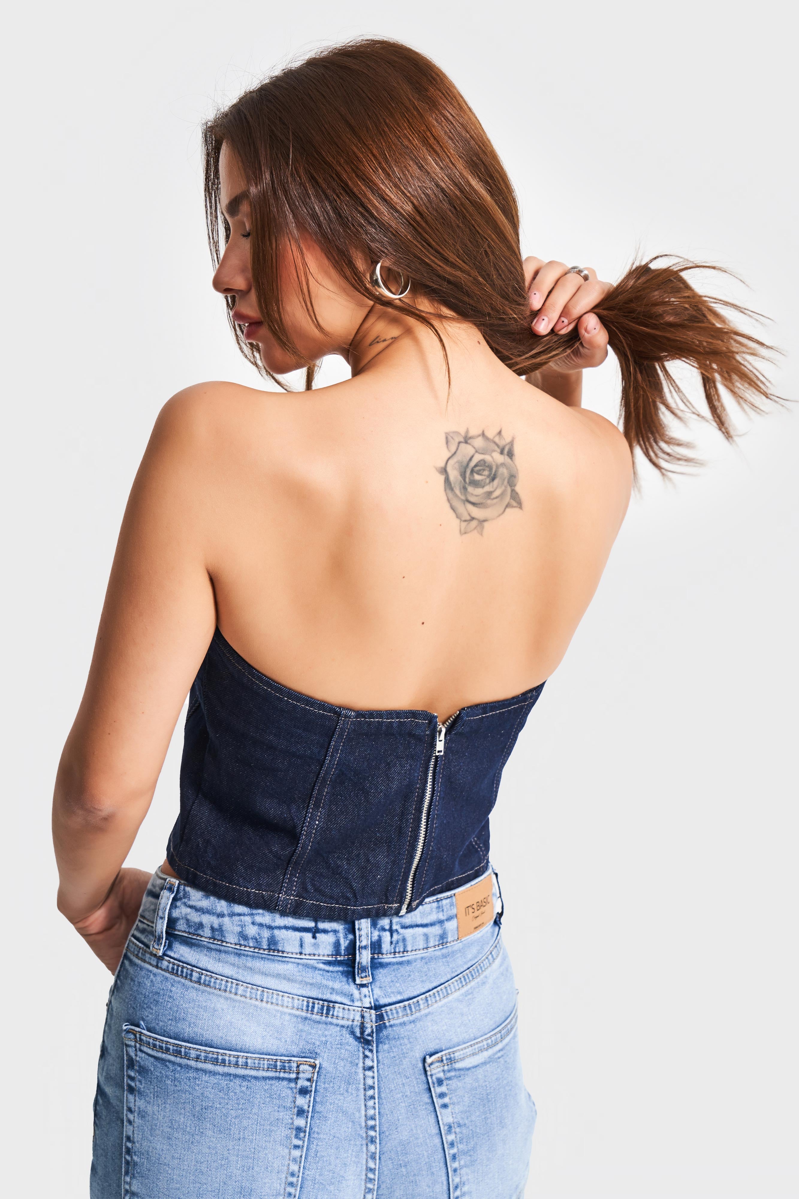 Kadın İndigo Renk 7s5-50 Straplez %100 Koton Denim Büstiyer
