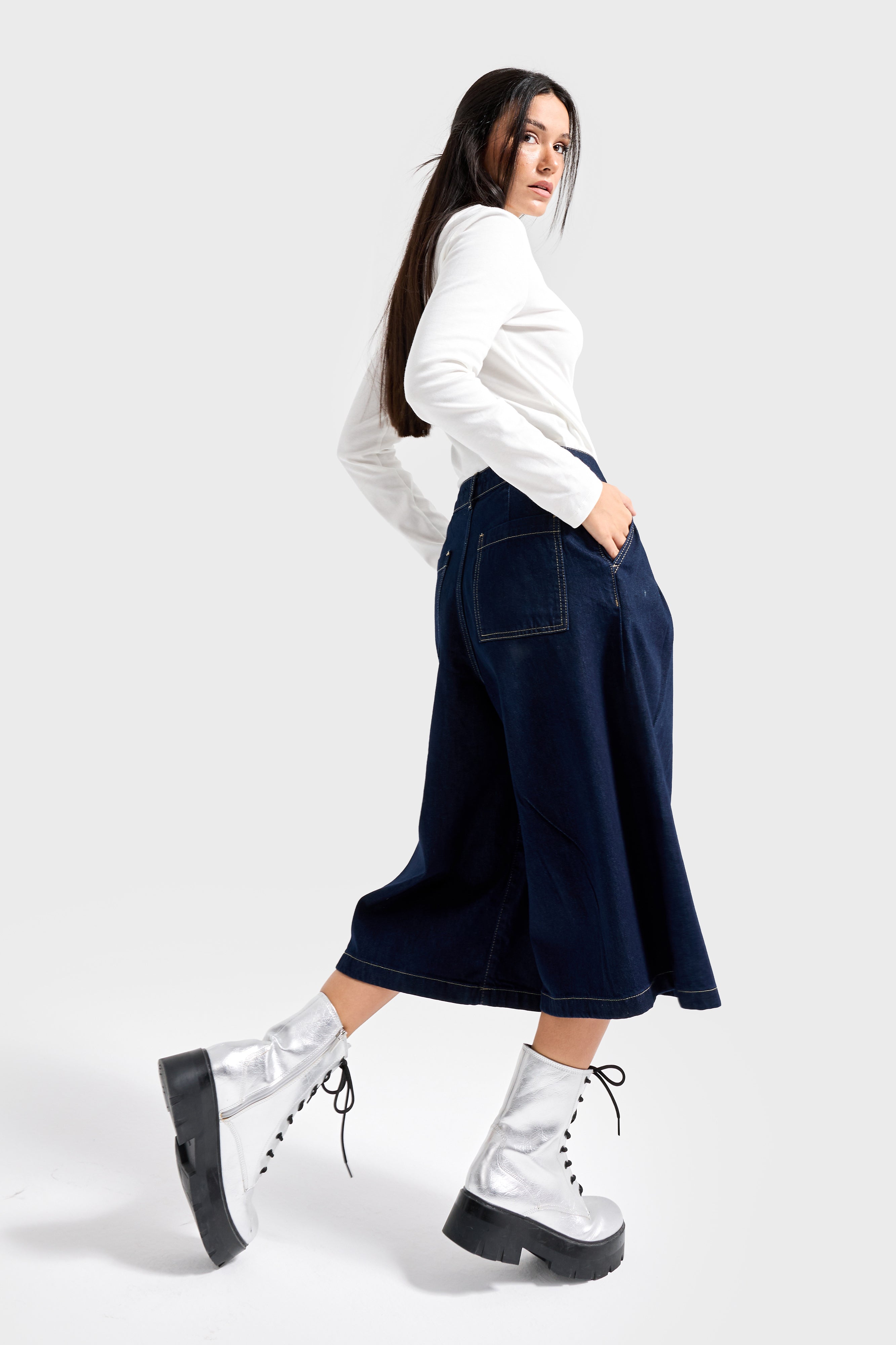 Kadın İndigo Renk 7s6-50 Baggy Fit Pileli Uzun Denim Bermuda Jean