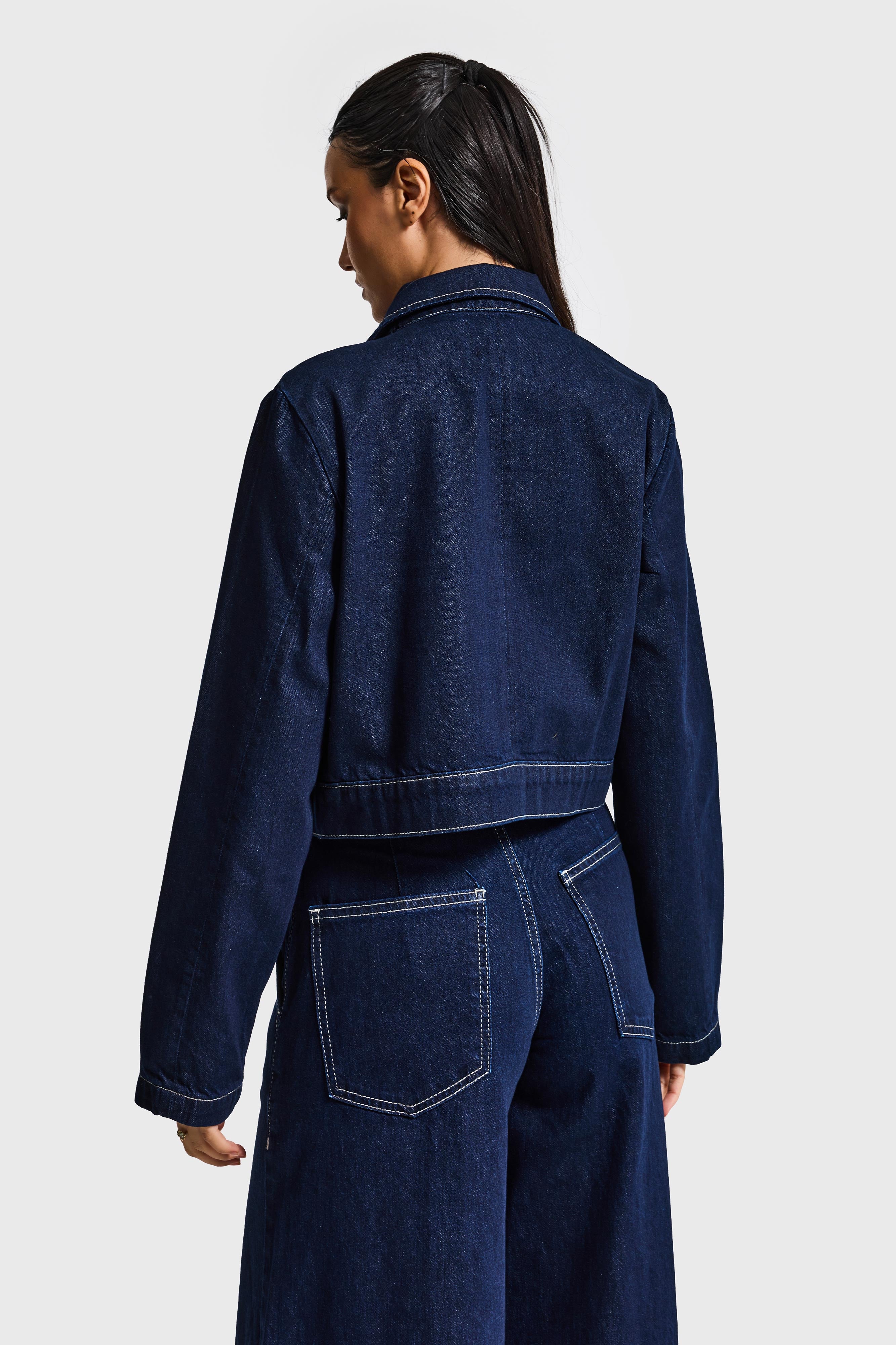 Kadın İndigo Renk 7s6-50 Crop Fit Viskon Kumaş Özel Tasarım Denim Ceket