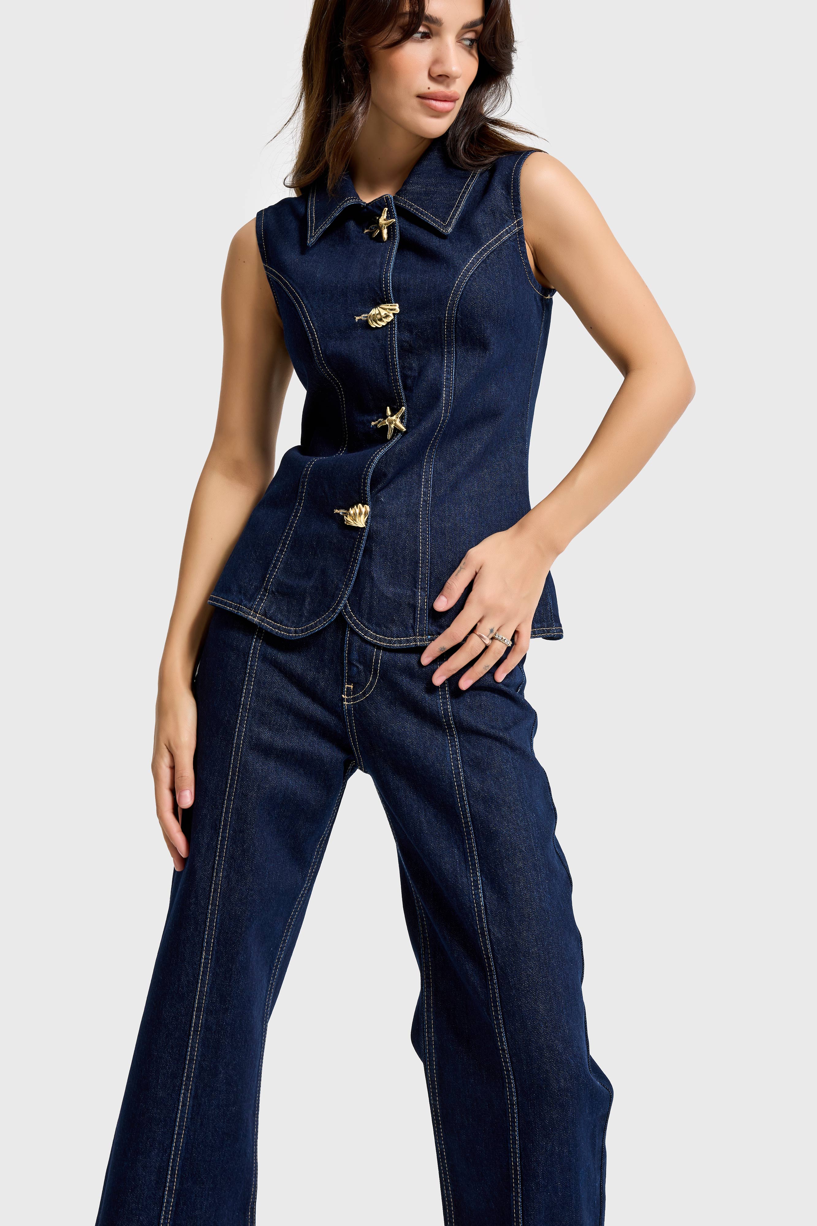 Kadın İndigo Renk 7s6-50 Önü Tasarım Düğmeli Denim Sıfır Kol Yelek