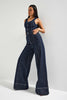 Kadın İndigo Renk 7S6-50 Palazzo Fit %100 Koton Denim Slopet Tulum