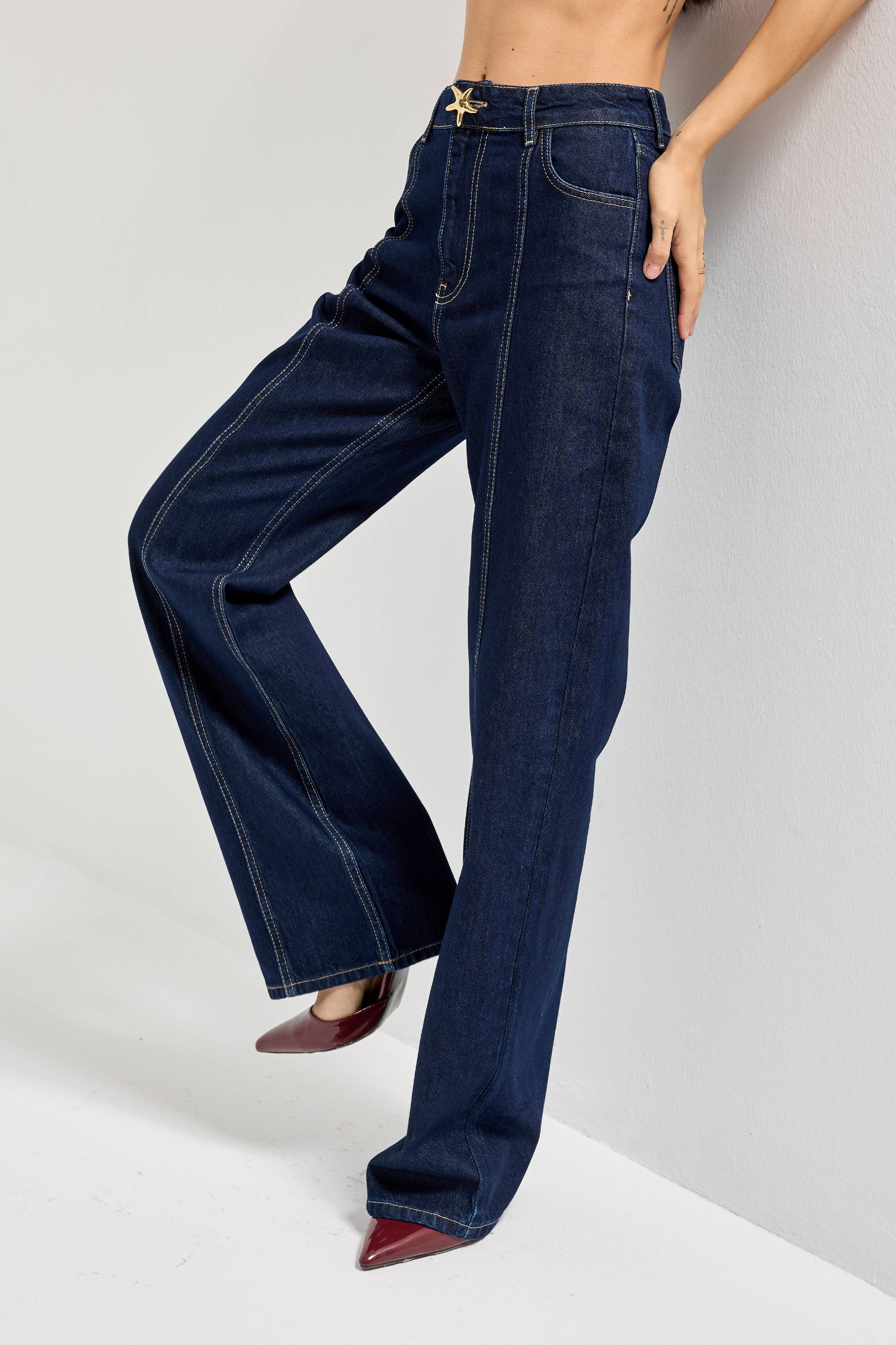 Kadın İndigo Renk 7s6-50 Straight Fit Yüksek Bel Düğme Detaylı Denim Jean