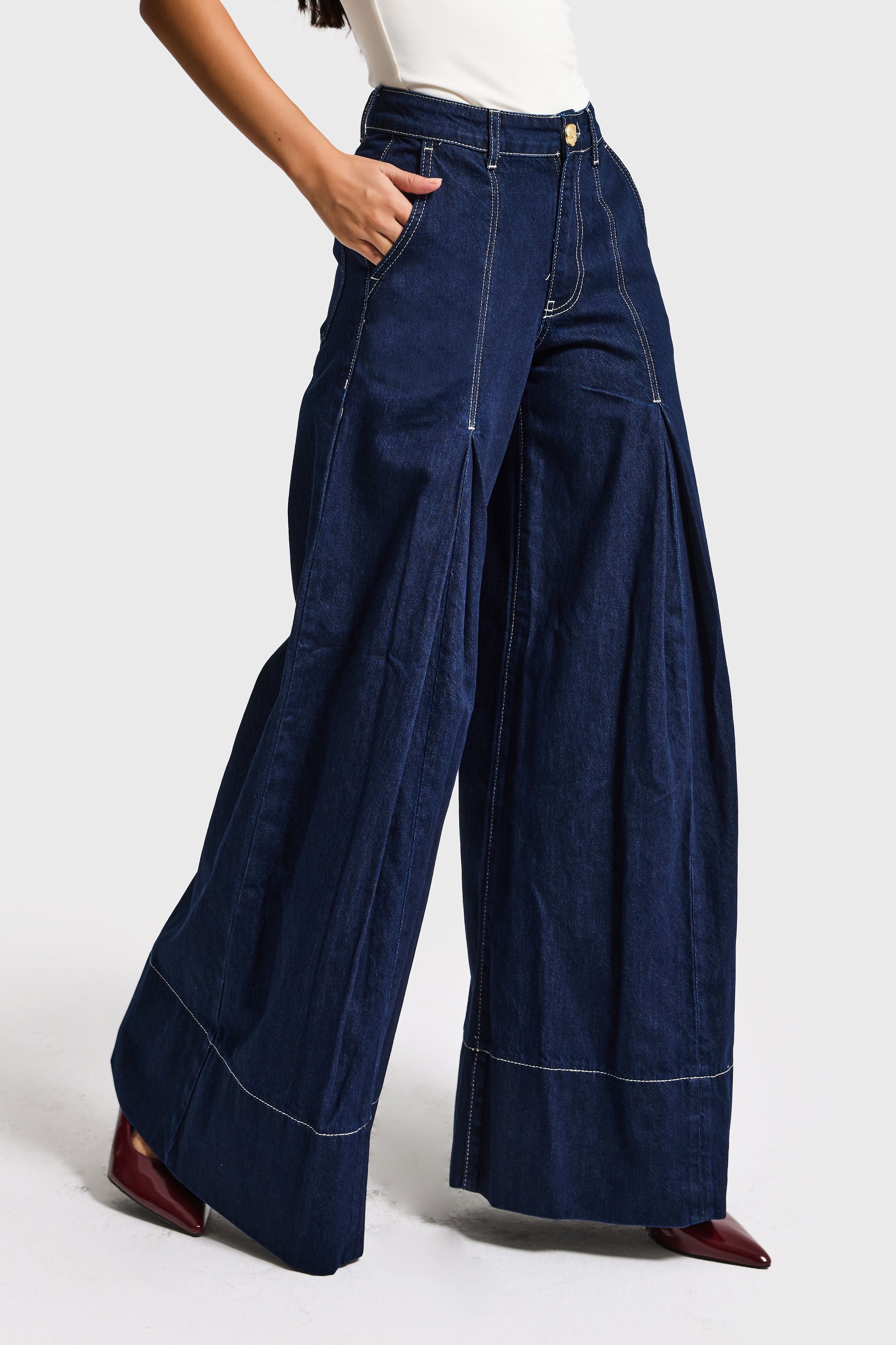 Kadın İndigo Renk 7s6-50 Süper Palazzo Fit Paça Detaylı Denim Jean