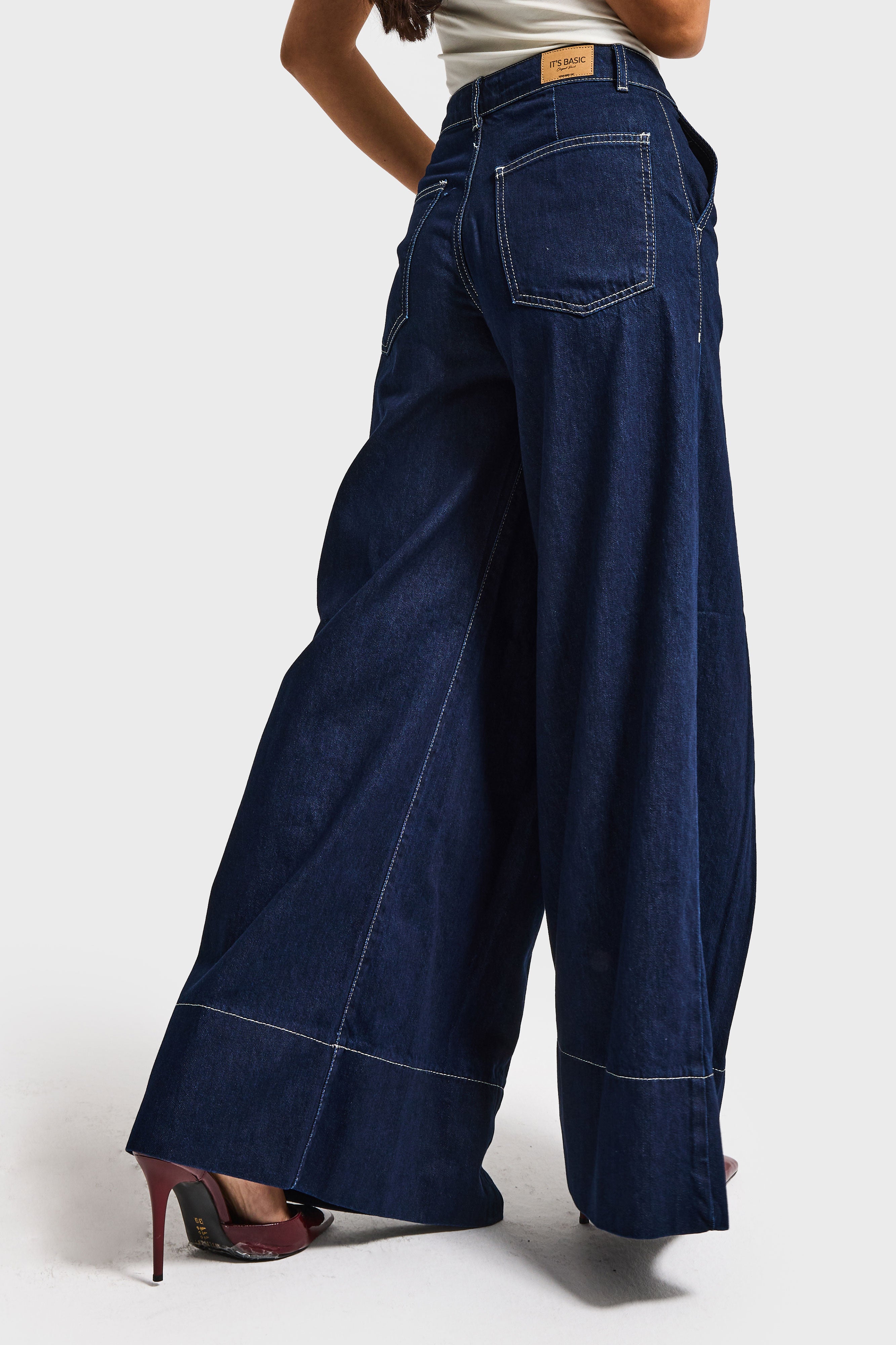 Kadın İndigo Renk 7s6-50 Süper Palazzo Fit Paça Detaylı Denim Jean