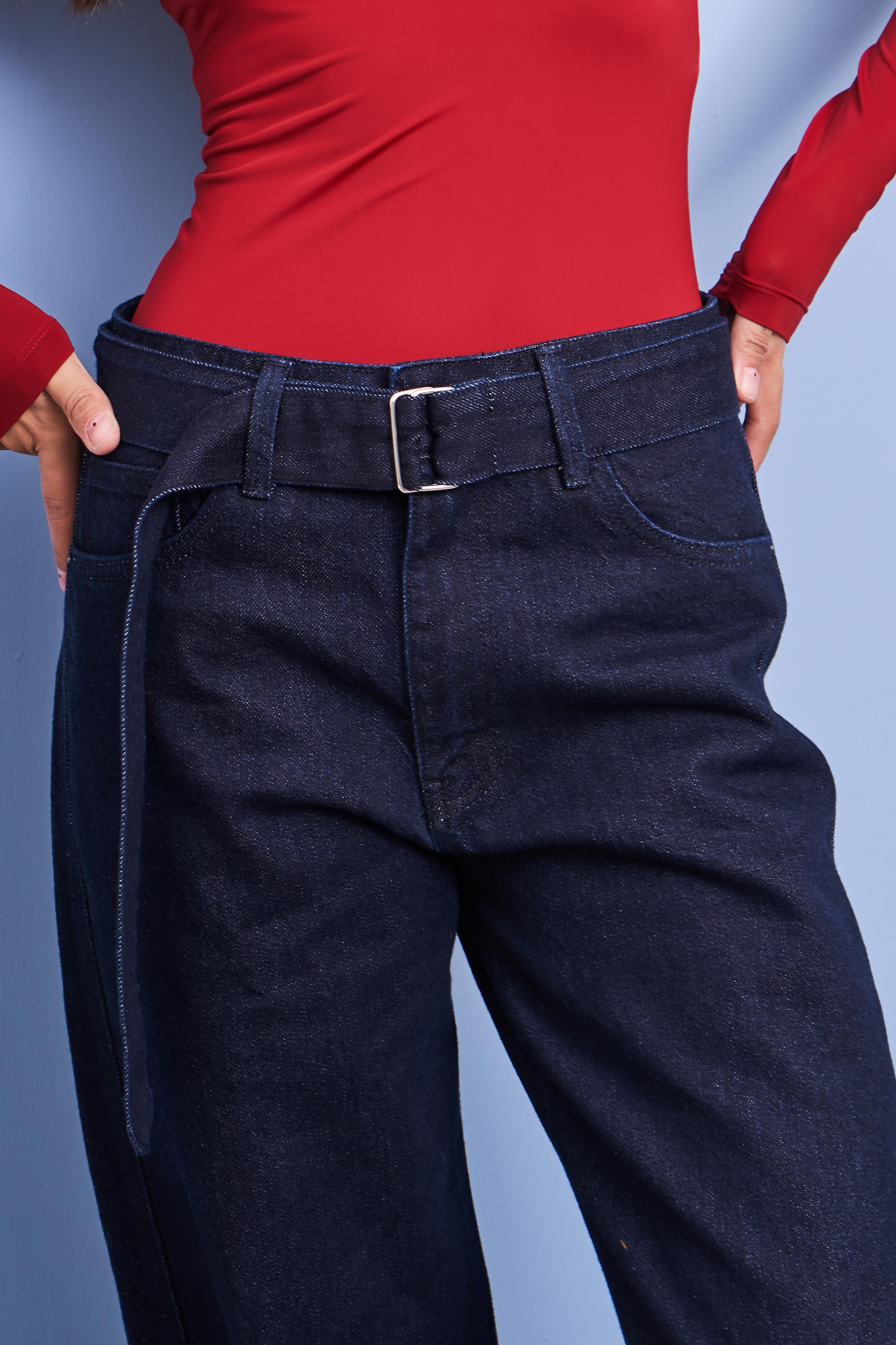 Women's Indigo Color 7w456 100% Cotton Belted Super Long Denim