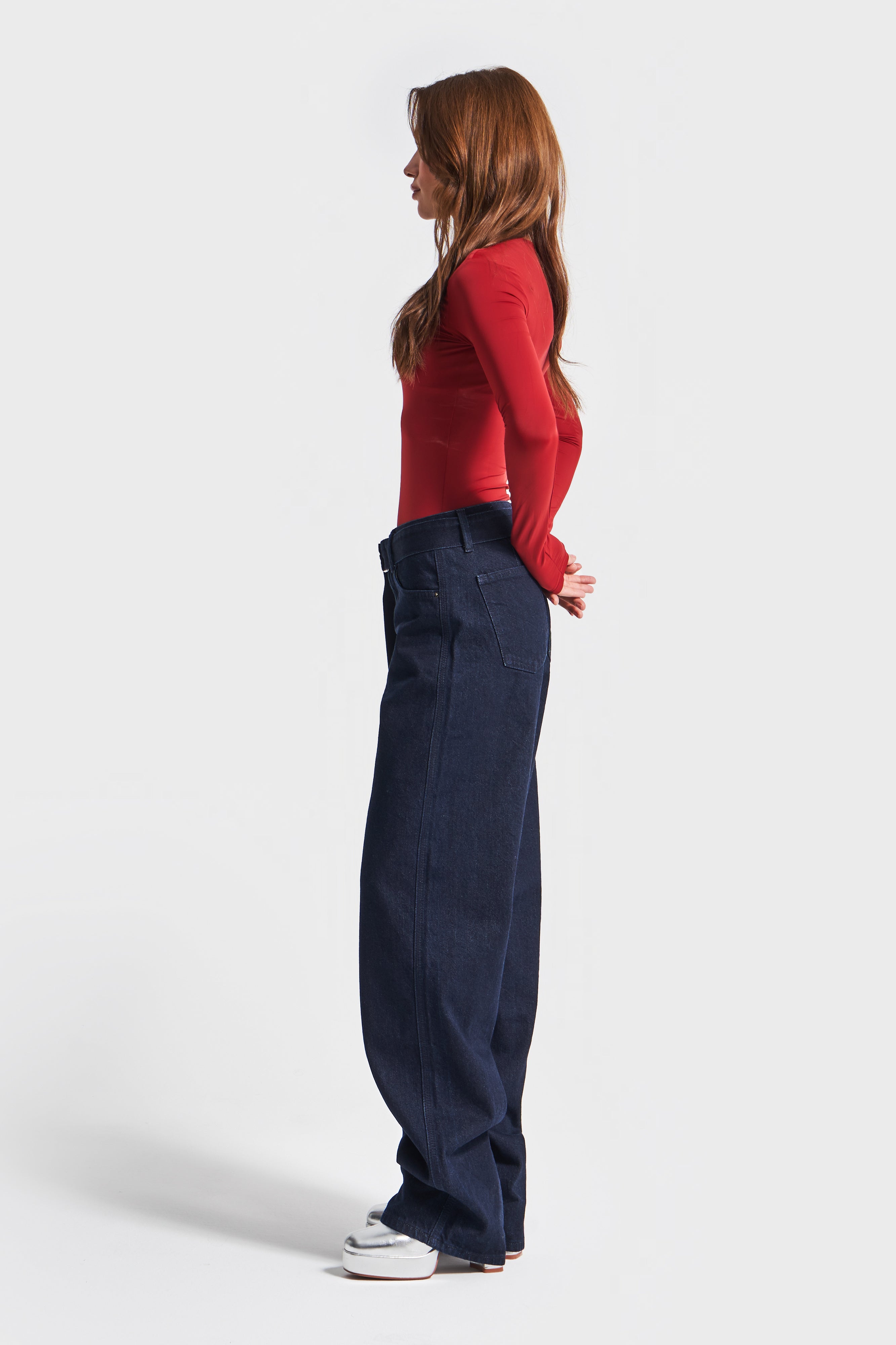 Women's Indigo Color 7w456 100% Cotton Belted Super Long Denim