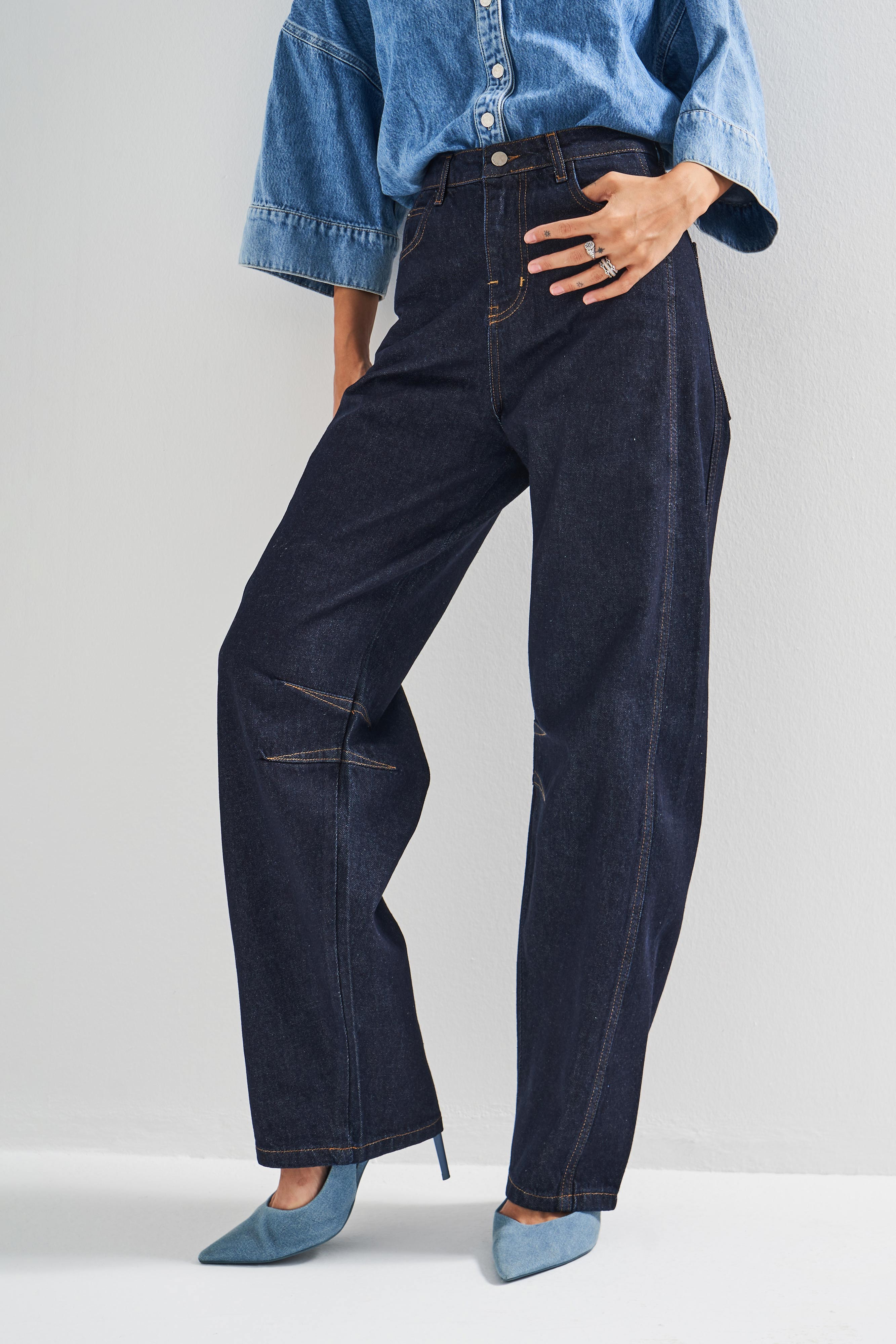 Kadın İndigo Renk 7w5-50 Baggy Fit %100 Koton Bol Kesim İç Boy 83cm Denim Jean