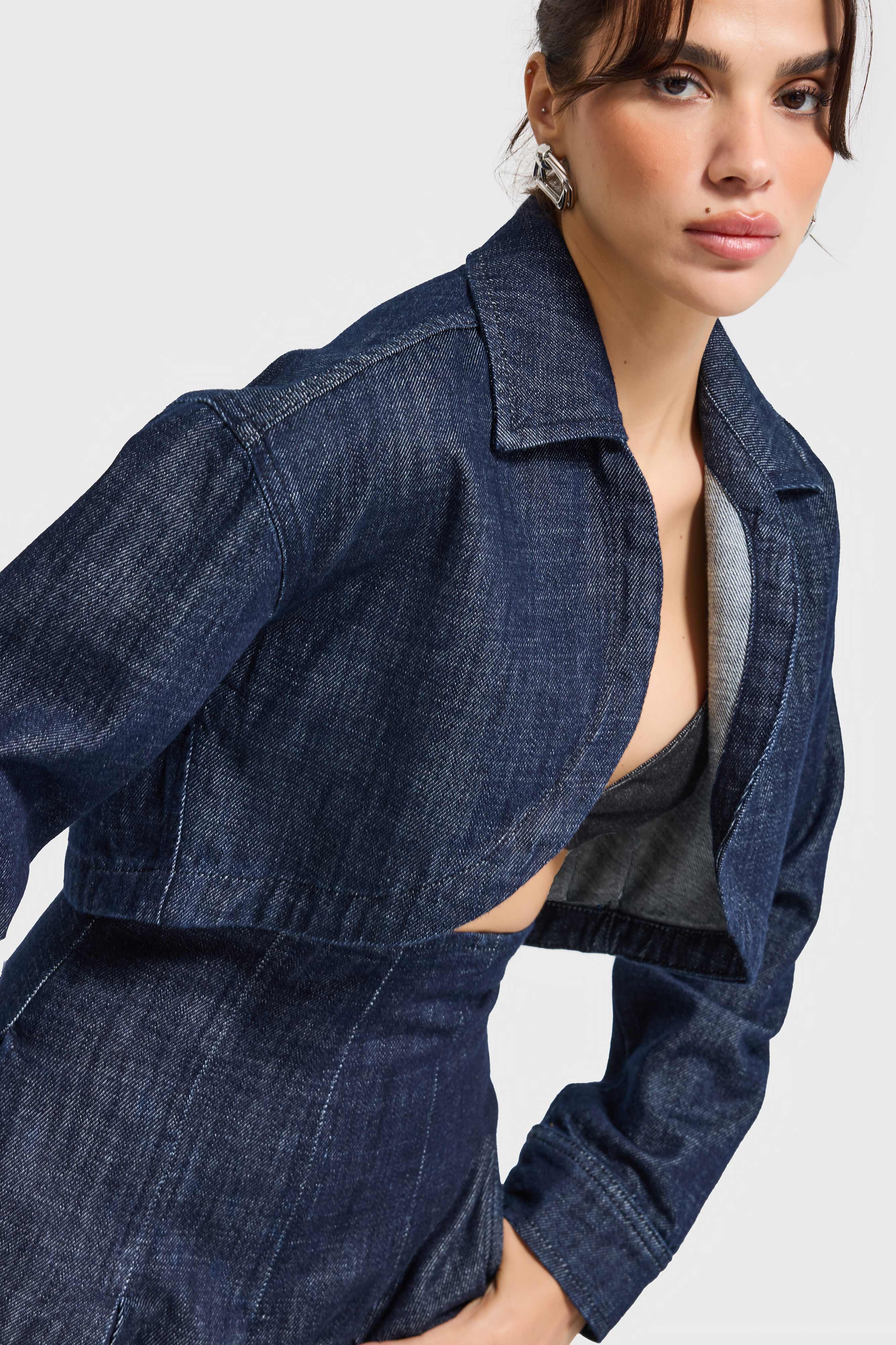 Kadın İndigo Renk 7w5-50 Crop Fit %100 Koton Denim Ceket