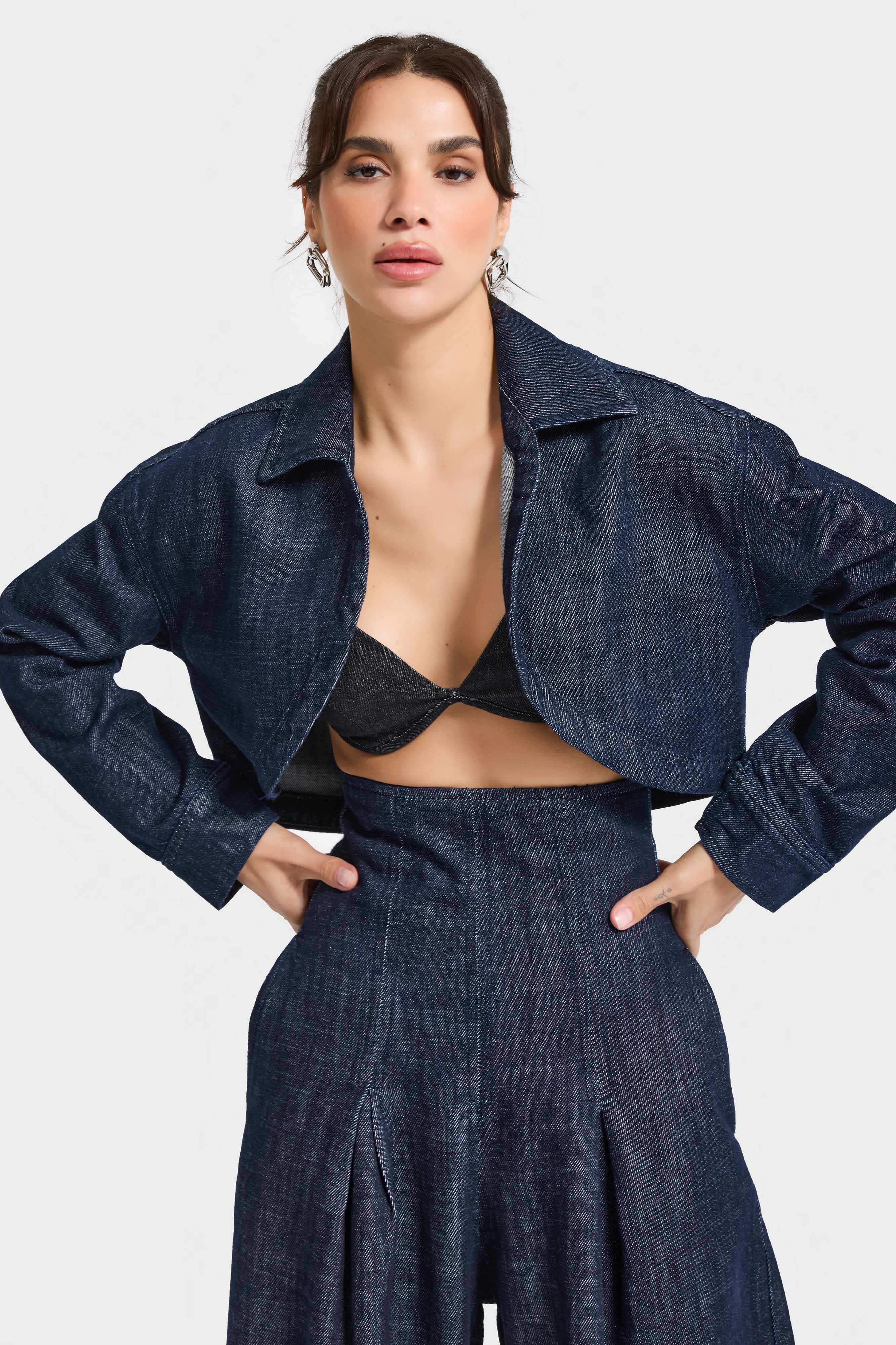 Kadın İndigo Renk 7w5-50 Crop Fit %100 Koton Denim Ceket