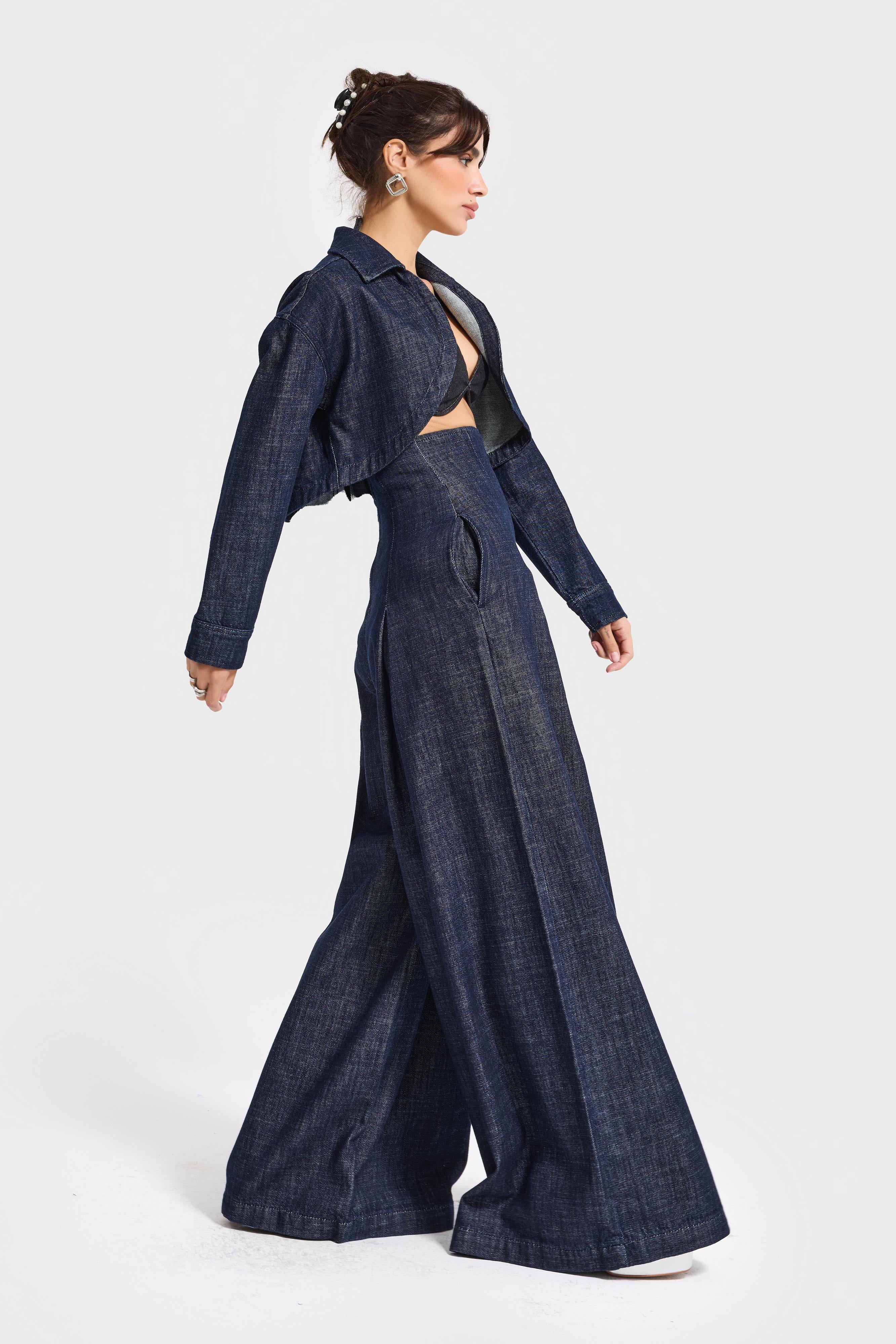 Kadın İndigo Renk 7w5-50 Crop Fit %100 Koton Denim Ceket