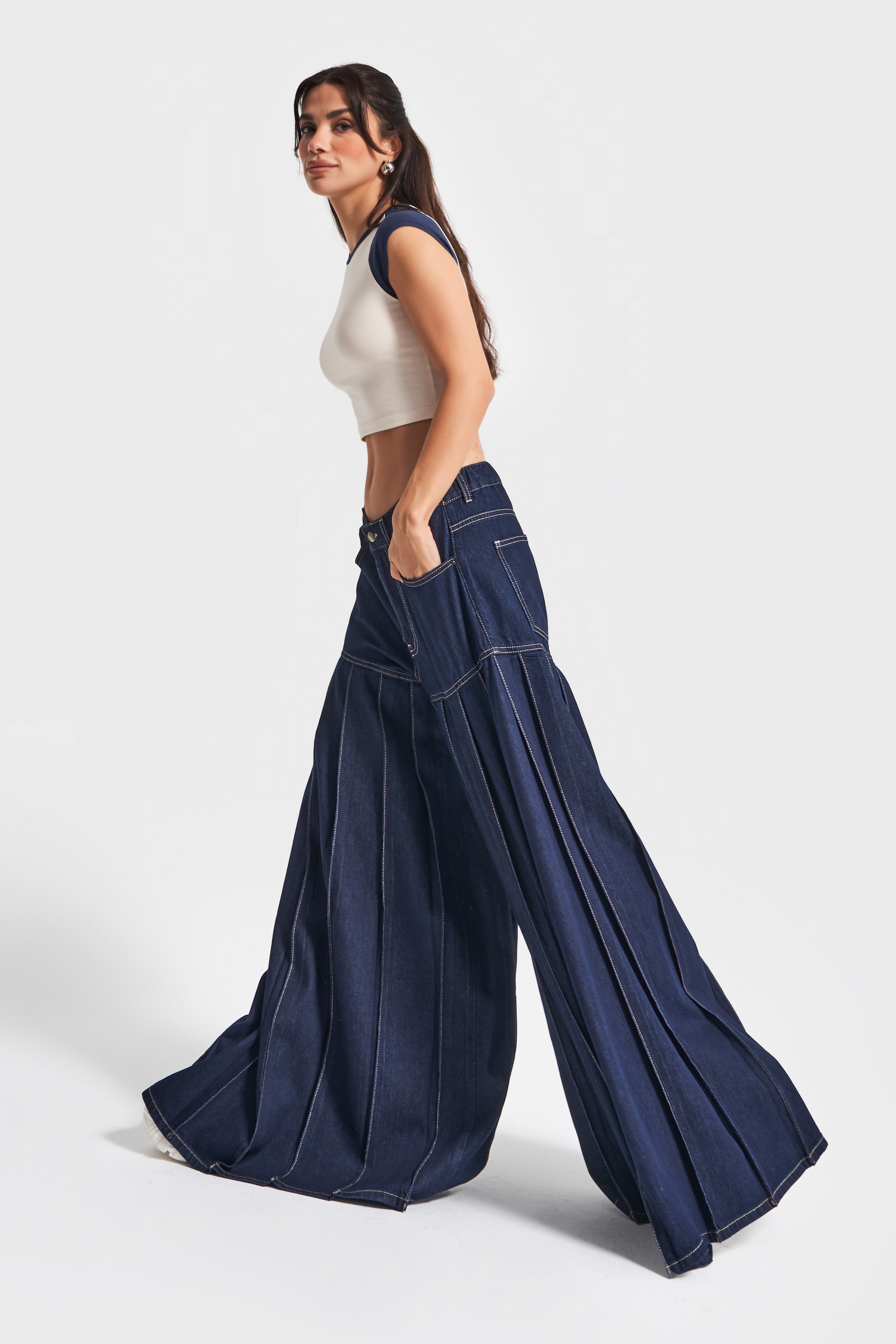 Kadın İndigo Renk 7w5-50 Elephant Leg Fit Süper Bol Kesim Viskon Kumaş Tasarım Denim Jean