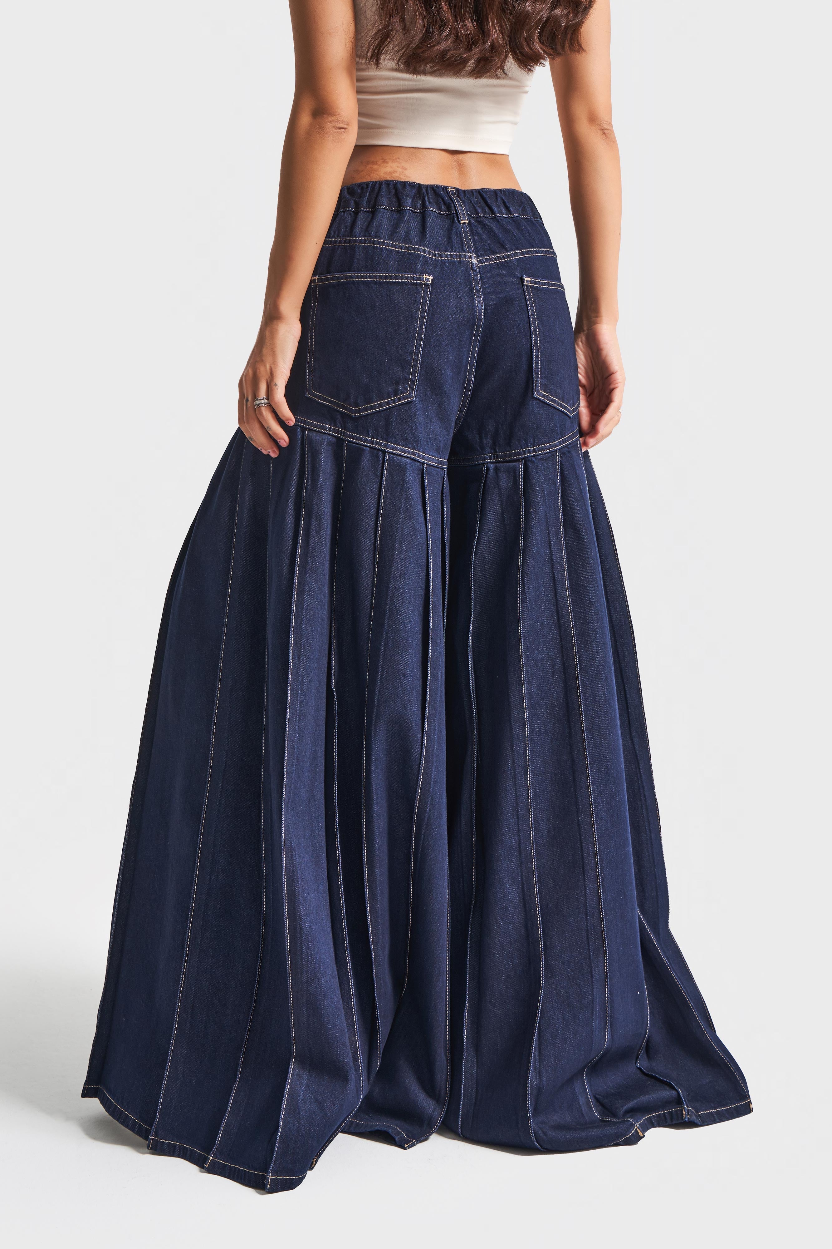 Kadın İndigo Renk 7w5-50 Elephant Leg Fit Süper Bol Kesim Viskon Kumaş Tasarım Denim Jean