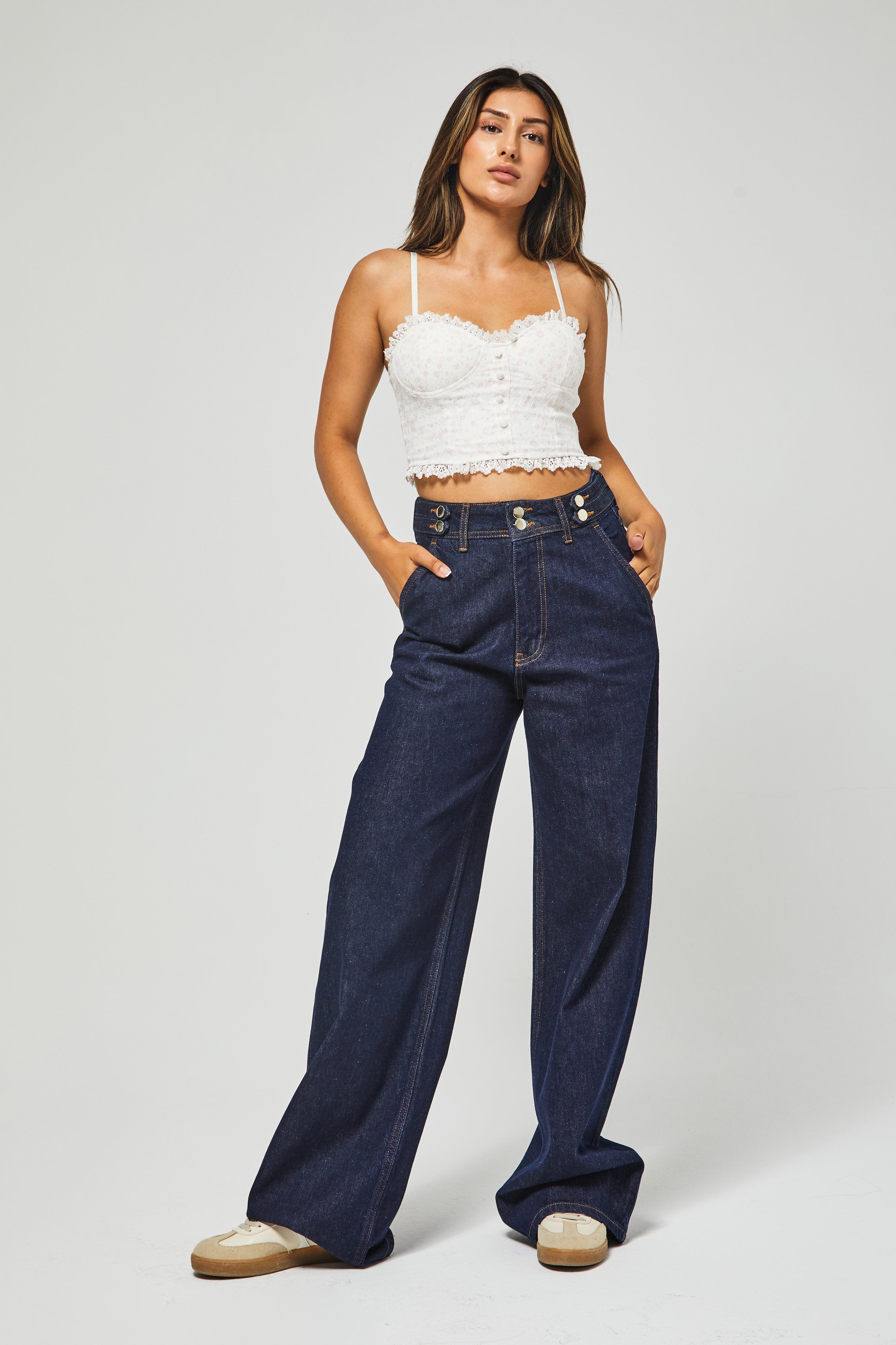 Kadın İndigo Renk 7w5-50 Kemer Detaylı Wide Leg Fit %100 Koton Denim Jean