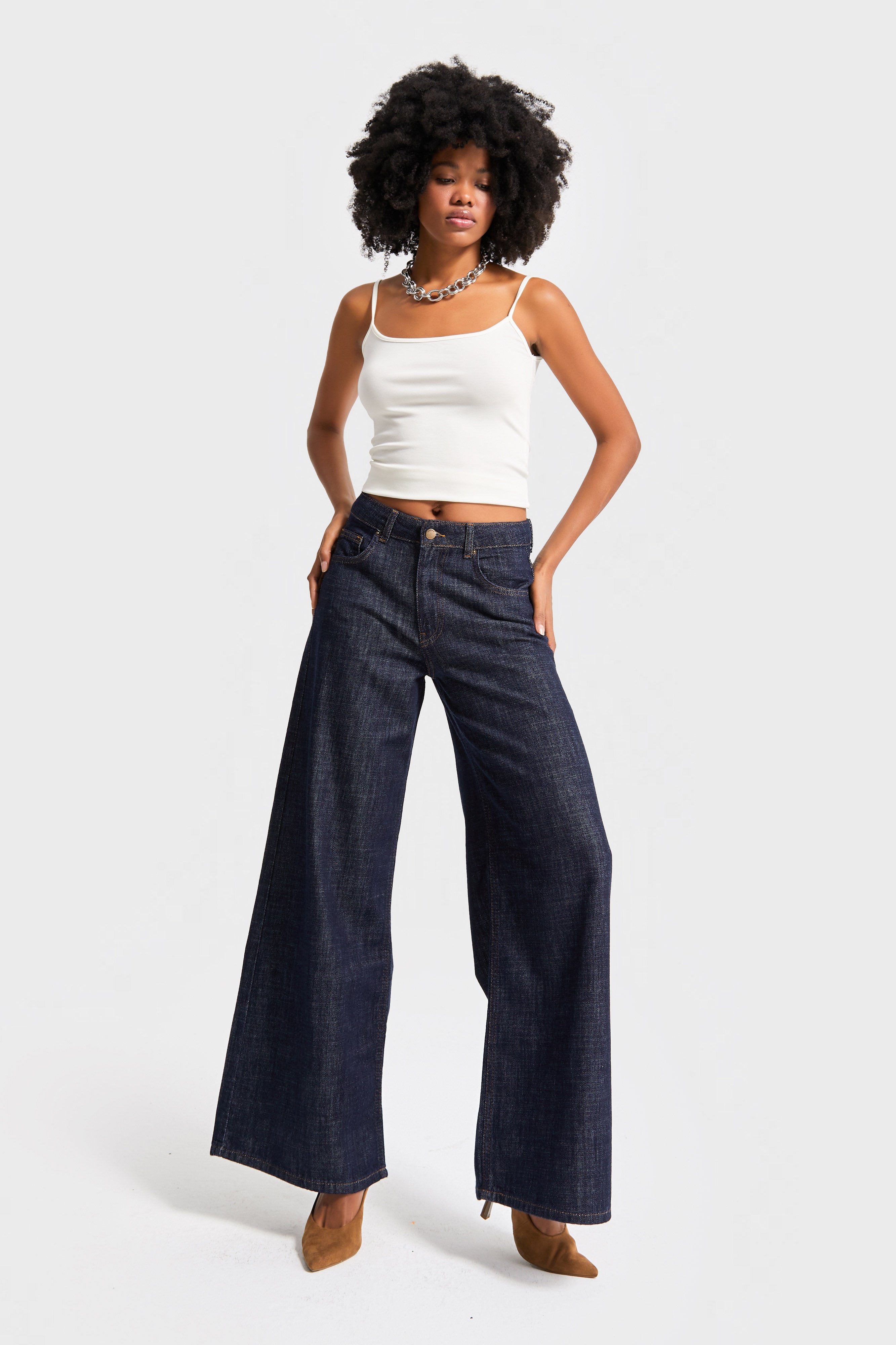 Kadın İndigo Renk 7w5-50 Palazzo Fit %100 Koton Dökümlü Kumaş Denim Jean